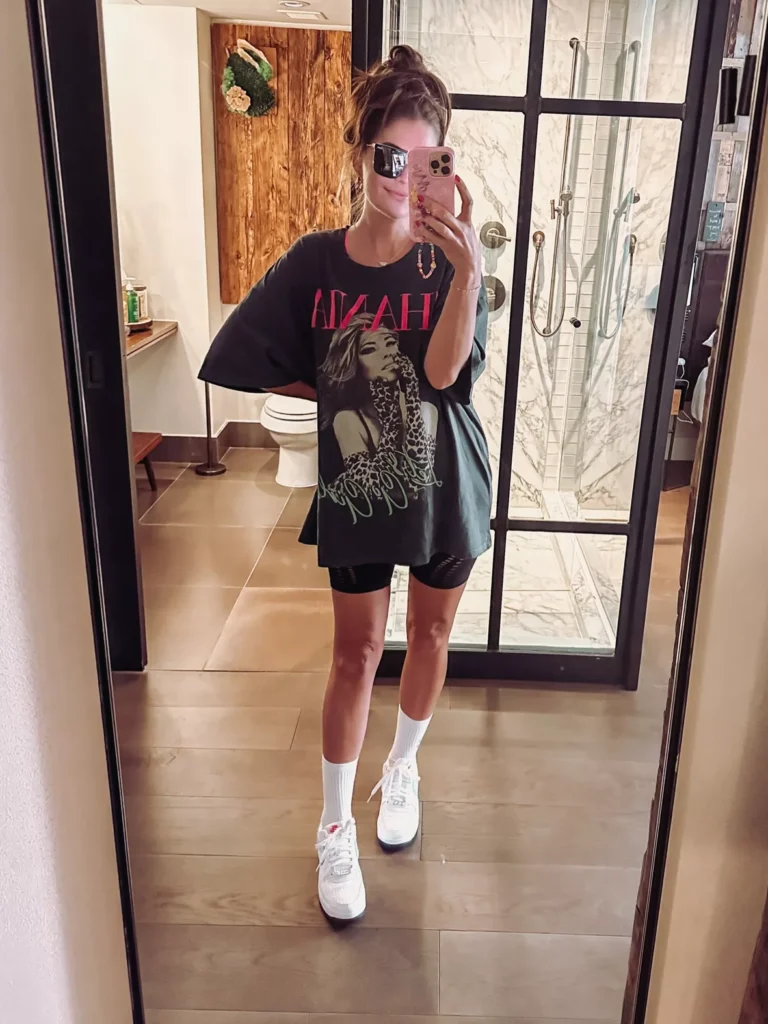 3. The Cool-Girl Uniform: Oversized Shirt + Bike Shorts + Sneakers​