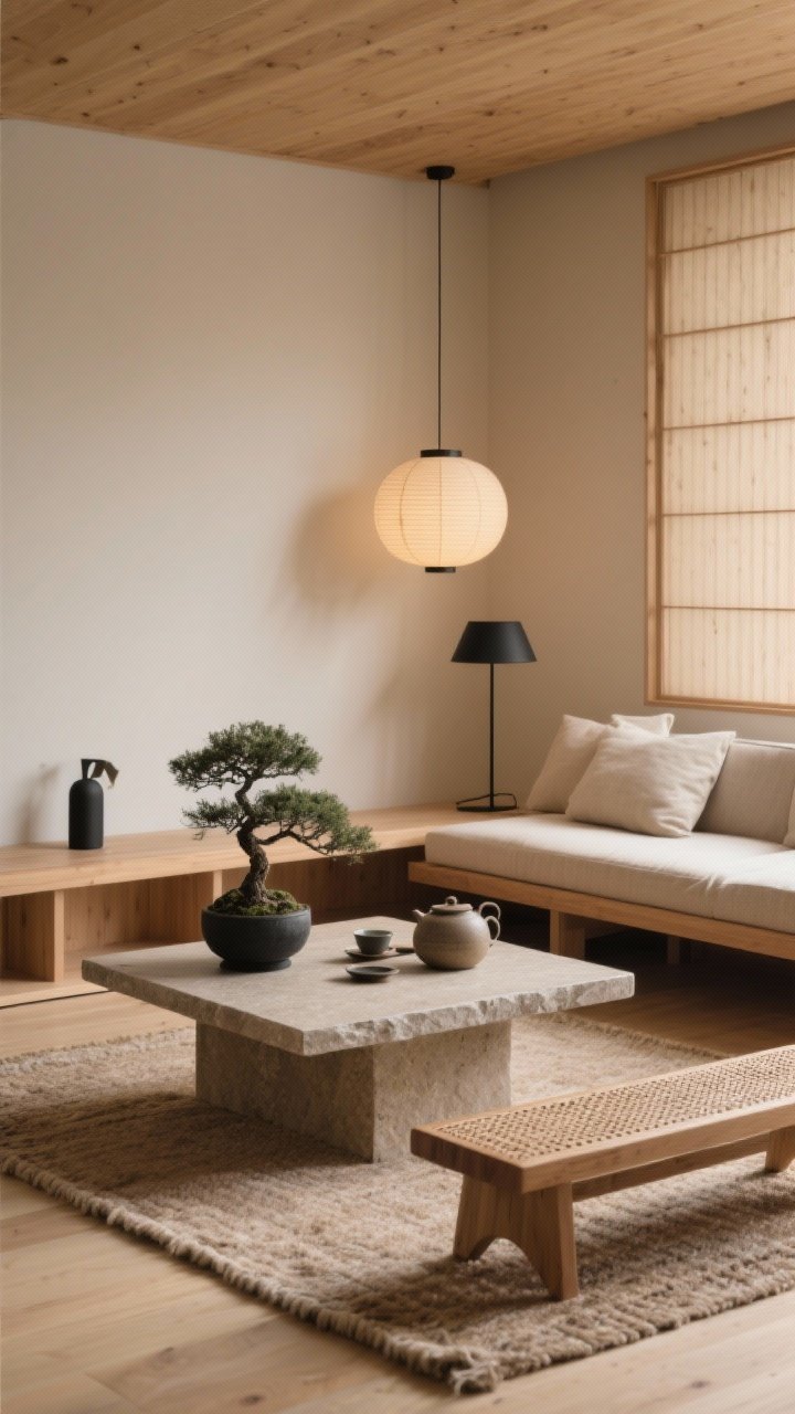 Corner angle, medium shot: Warm minimalist Japandi retreat featuring blonde woods, clean lines, and natural fibers; low oak platform sofa with linen cushions; thin-edge stone-top coffee table on a wool flatweave rug; décor kept intentional and sparse—single bonsai, ceramic tea set on the table, woven bench along the wall; paper lantern pendant providing warm diffuse light; slim matte-black floor lamp for balance; colors of sand, oat, clay, and soft black; calm, breathable atmosphere; photorealistic.