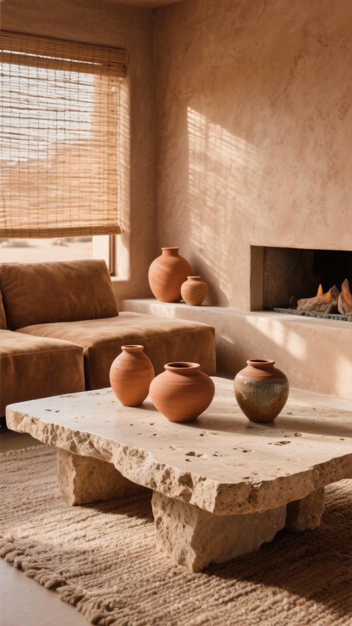 Detail shot at coffee table height in a desert modern living room: clay-toned microcement wall backdrop, chunky raw-edge travertine coffee table surface with visible pores, in front of a low modular camel suede sofa; soft shadows from woven Roman shades; trio of terracotta vessels with varied earthy glazes on the hearth; undyed wool flat-weave rug texture visible; warm, sunlit ambiance, photorealistic.