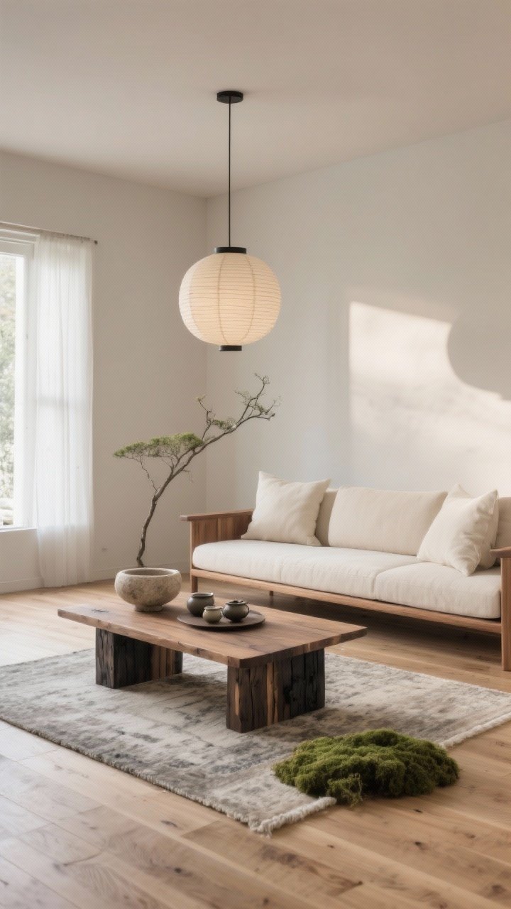 Medium corner angle of a Japandi living room with wide-plank oak floors and a low ash-wood sofa with ecru cushions, a matte charred shou sugi ban coffee table, and a paper lantern pendant floating overhead; include a faded gray-beige vintage rug, a travertine bowl, a tea set, and a narrow mossy branch; palette of sand, smoke, and pale wood; soft natural morning light for serene mood, low silhouettes emphasized, photorealistic.