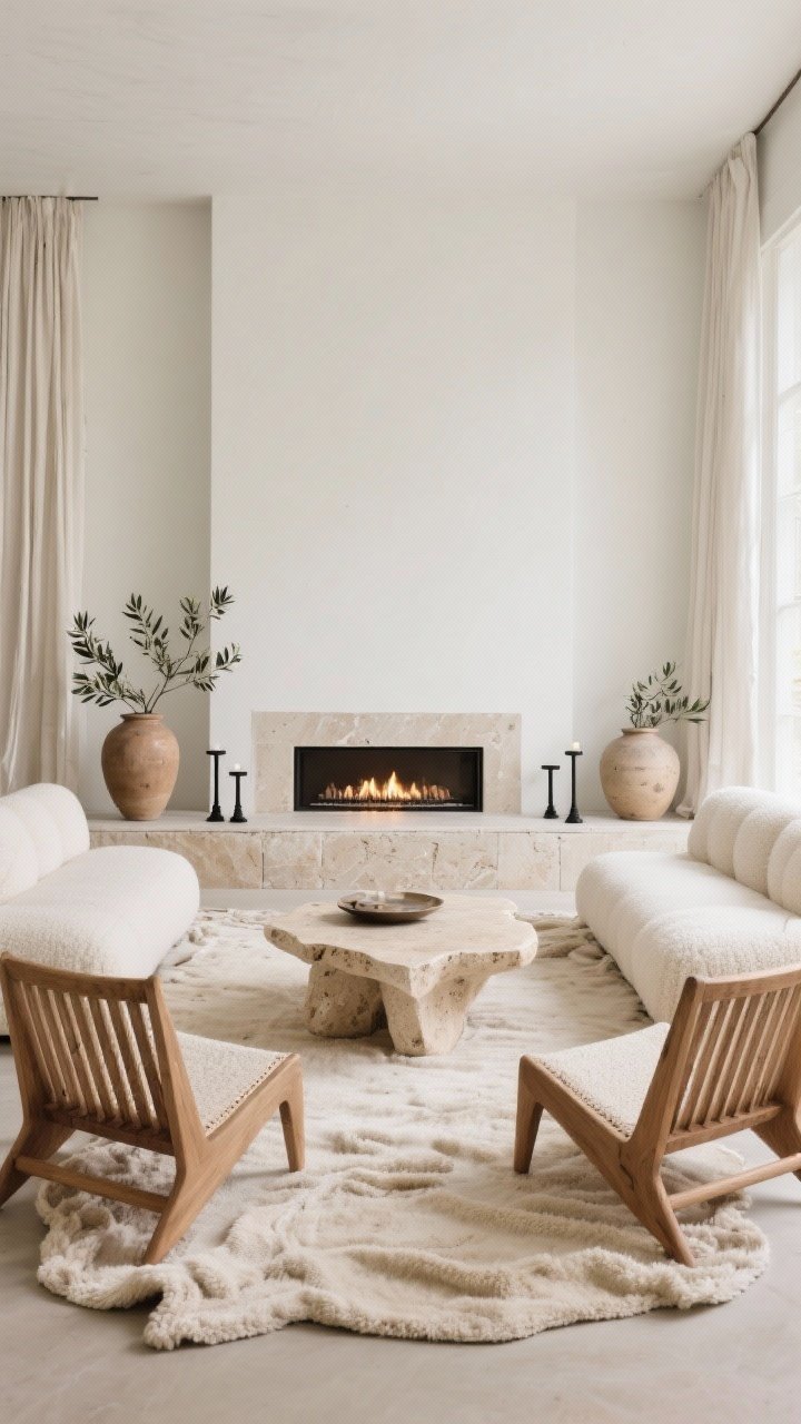 Medium shot, modern organic entertaining haven: a serene seating area with chalky soft white walls and a low-profile creamy bouclé sectional; two slatted oak lounge chairs flank an organic-shaped travertine coffee table; linen drapery puddles on the floor behind, a chunky bone-colored wool rug underfoot; accents include oversized ceramic vases with olive branches and matte black iron candleholders; a linear gas fireplace with a limestone surround glows softly; muted palette of sand, bone, flax, and warm wood, gentle natural light, photorealistic.
