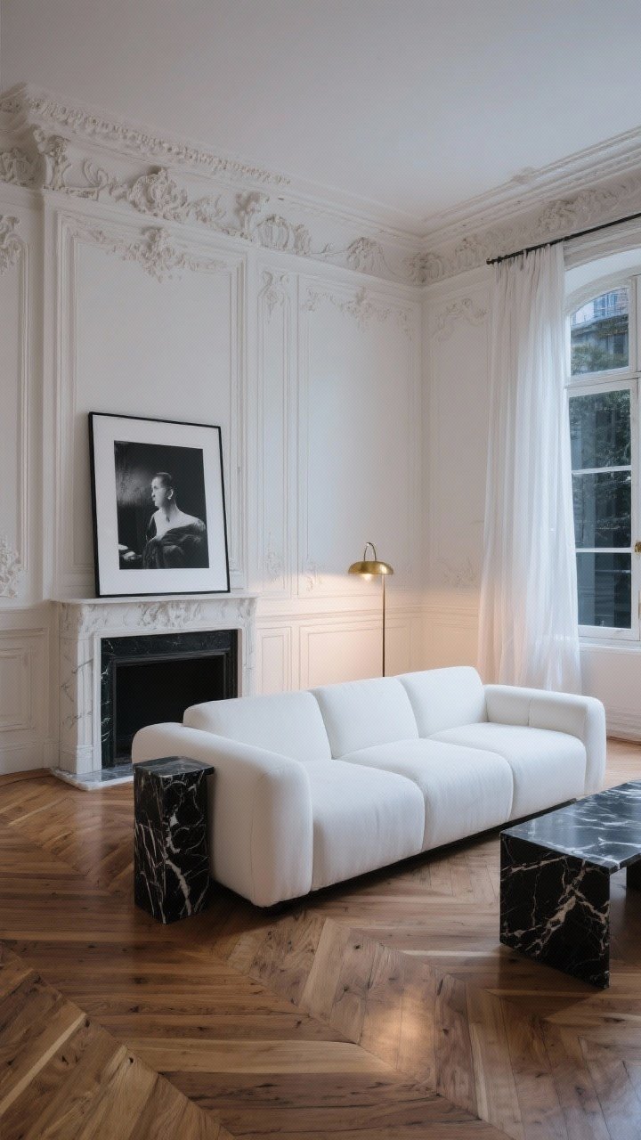 Medium shot of a Parisian minimal living room highlighting ornate crown moulding and restored oak herringbone floors contrasted with an ultra-clean white modular sofa floating centrally; a single oversized black-and-white photograph leaning on the mantle; a slim nero marquina marble side table; sheer linen window panels that puddle slightly; a petite brass picture light warming the scene at dusk; palette chalk white, natural oak, inky black; photorealistic.