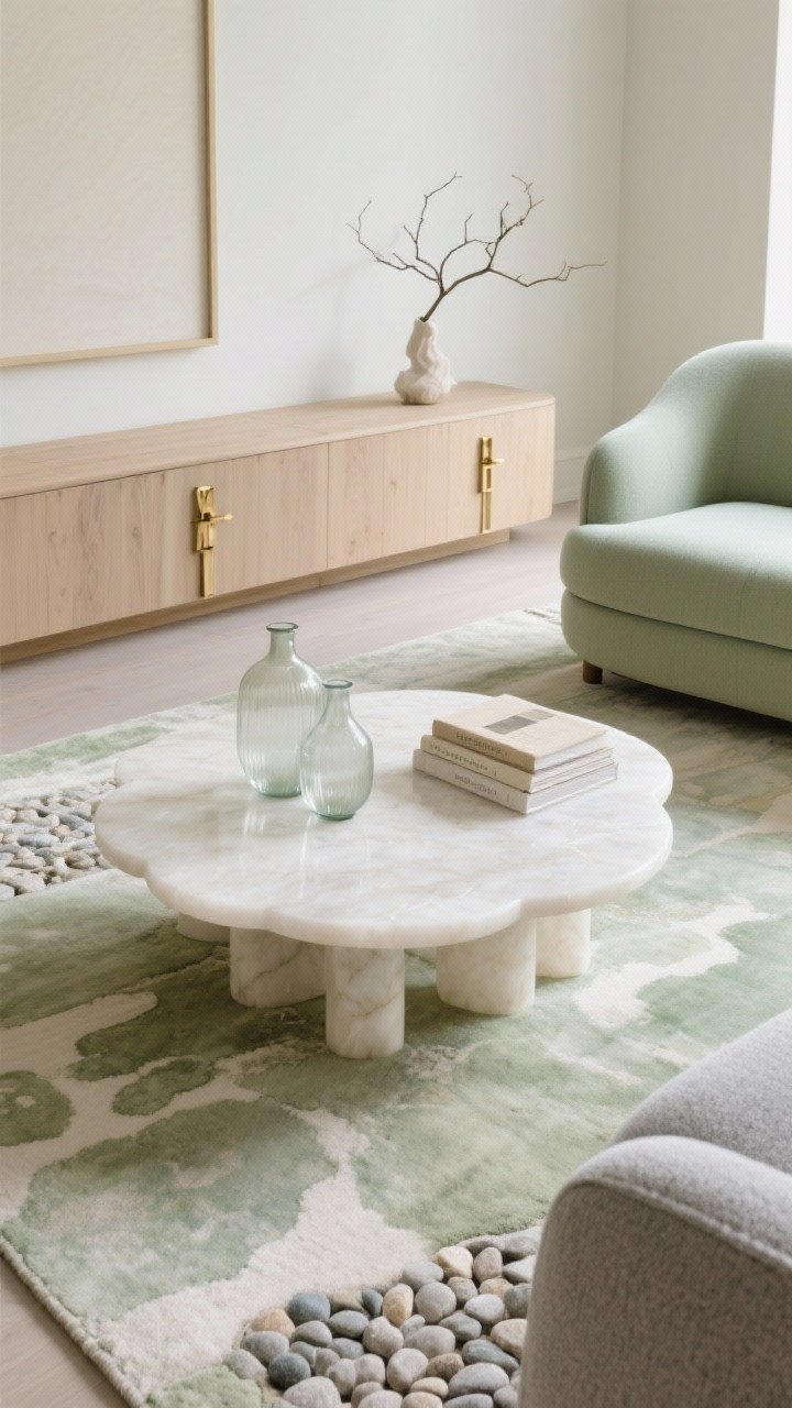 Overhead detail view of an ovoid alabaster coffee table with soft edges atop a rug with faint watercolor wash in sage and stone; adjacent glimpses of a pebble-gray curved sofa and a powdery sage lounge chair as the gentle focal color; putty walls implied at frame edge; brass pulls on a pale oak console catching a soft glint; accessories: frosted glass vases, a linen-bound book stack, single sculptural branch; quiet, diffused daylight, photorealistic.
