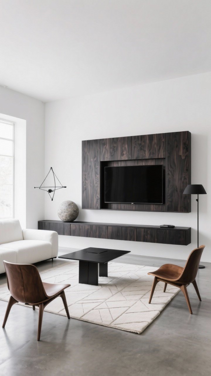 Straight-on medium shot of a precision black-white-walnut space: a sleek walnut media wall with hidden storage facing a crisp white tuxedo sofa; blackened steel knife-edge coffee table centered on polished concrete floor softened by a pale geometric rug; two mid-century inspired saddle leather chairs framing the seating; decor as architectural objects—a stone sphere, a metal mobile, a slim black floor lamp; bright, controlled daylight, photorealistic.