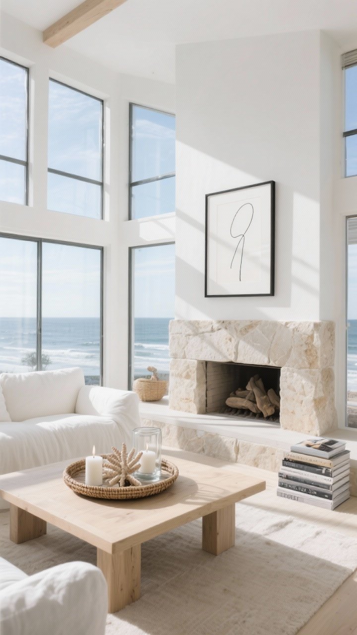 Wide coastal calm scene captured from a slightly elevated angle showing floor-to-ceiling steel-framed windows flooding sunlight across a soft white slipcovered sofa and pale oak coffee table; a monolithic limestone fireplace rising to the ceiling; minimal art: a slim abstract line drawing in a thin black frame; accessories: woven tray with coral, glass hurricanes with white candles, stack of coastal photography books; palette white, oatmeal, driftwood gray; bright, airy natural light, photorealistic.