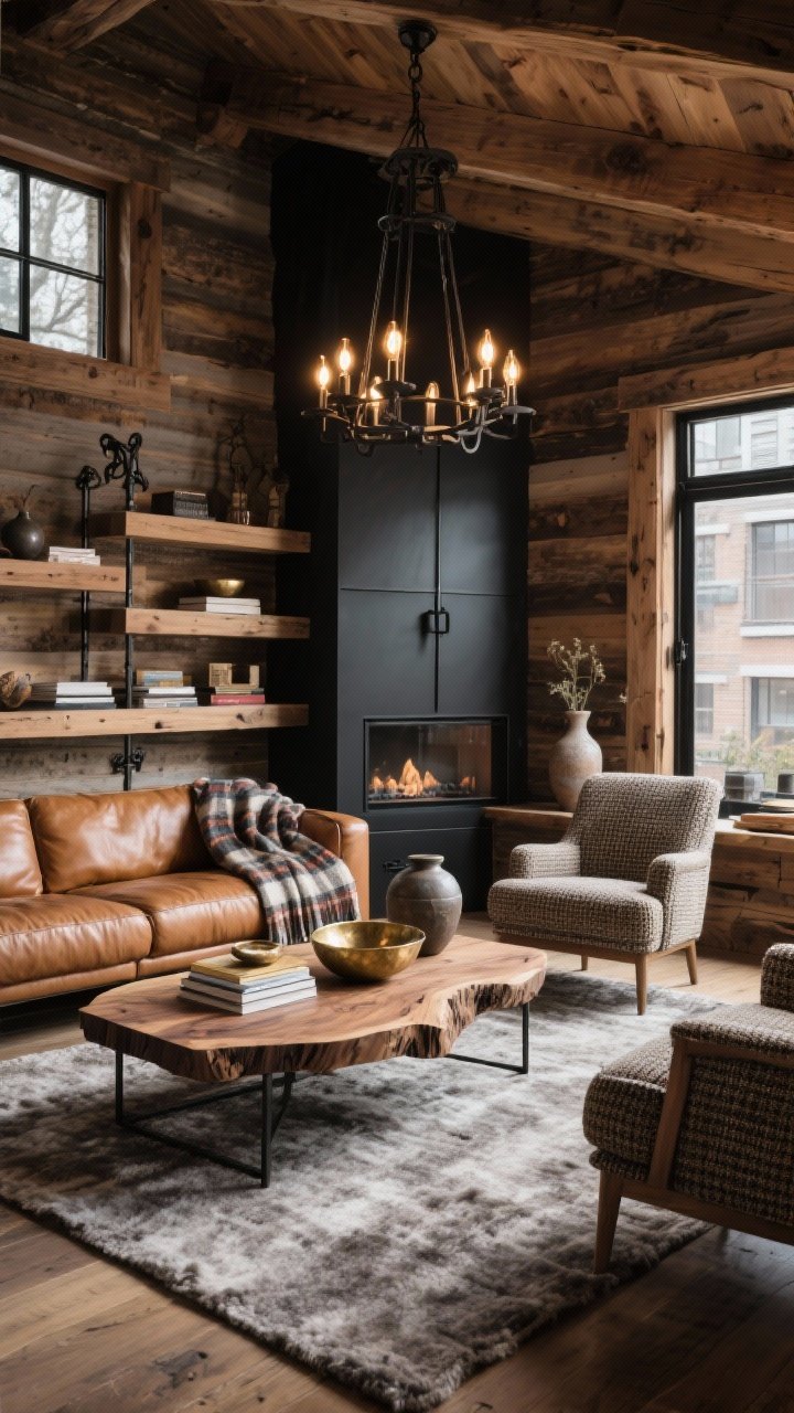 Wide corner angle: Rustic modern chalet living room with sophisticated warmth; deep-cushion cognac leather sofa paired with tweed armchairs; live-edge walnut coffee table centered on a thick heathered wool rug; plaid throw over an arm; blackened steel details, oiled oak shelving, and forged hardware visible; iron chandelier with warm Edison glow; accessories: stacked coffee-table books, hammered brass bowls, stoneware vases; cozy cabin energy refined for the city; photorealistic, no people.