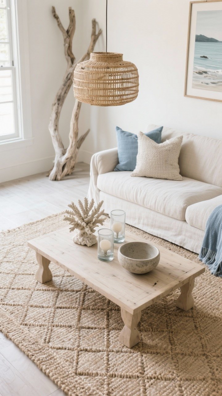 Wide overhead (top-down) view: Coastal luxe neutrals coffee table vignette styled on a diamond jute rug; bleached oak coffee table holding stoneware bowls, coral-inspired sculpture, and glass hurricanes; slipcovered linen sofa edge with nubby pillows and a chambray throw visible at frame; palette of oyster, sand, driftwood with subtle blue-gray notes; rattan drum pendant glow spilling into frame; airy, unfussy, elevated coastal mood; photorealistic.