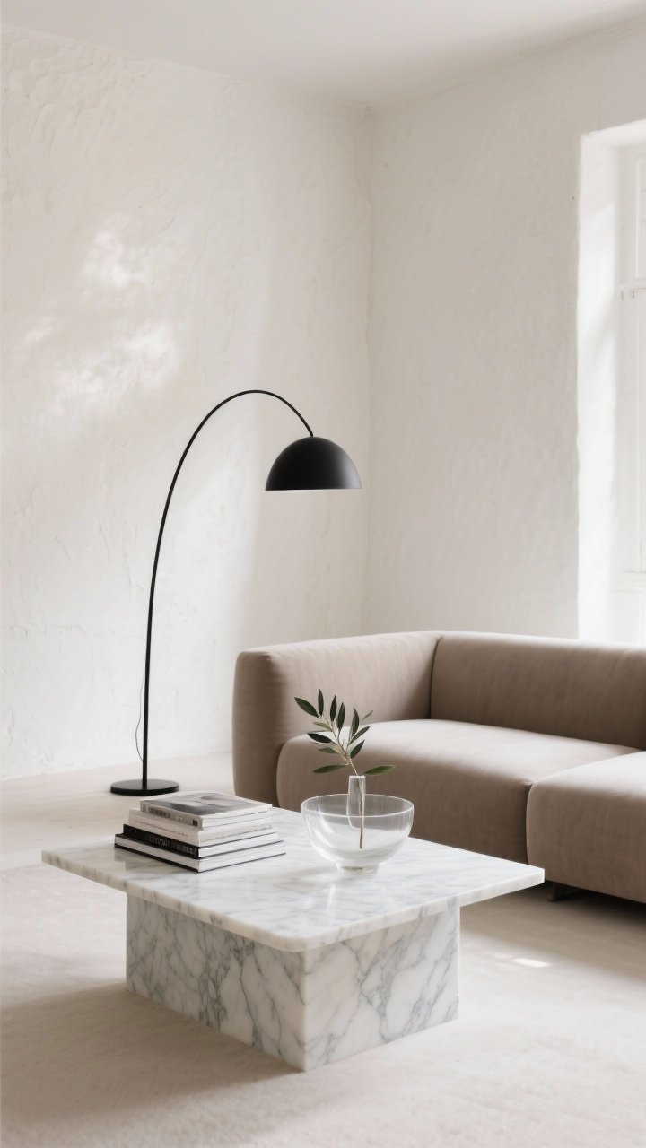 Wide room shot of a warm white minimalist living room with limewash plaster walls and ivory-taupe palette, featuring a low-profile taupe sectional facing a monumental Calacatta marble plinth coffee table that gleams subtly, a single oversized matte black arc floor lamp as sculptural contrast, black accents kept minimal, styling with a slim stack of design books, a clear glass bowl, and a single olive branch in a slender vase; soft daylight rakes across textured limewash, photorealistic, no people, calm power.
