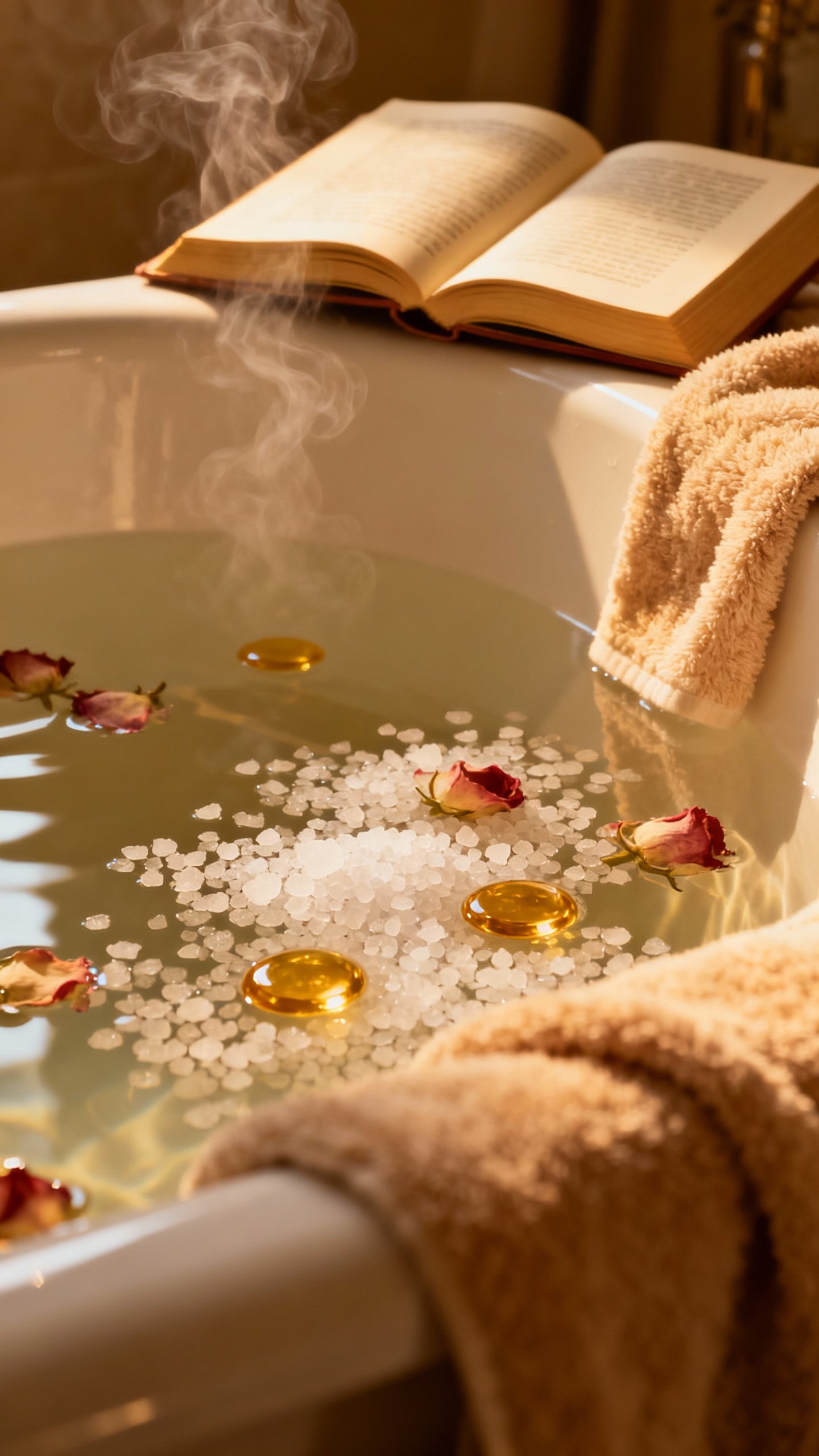 Bath scene closeup: Epsom salts, rose oil drops, open book, steam, plush towel