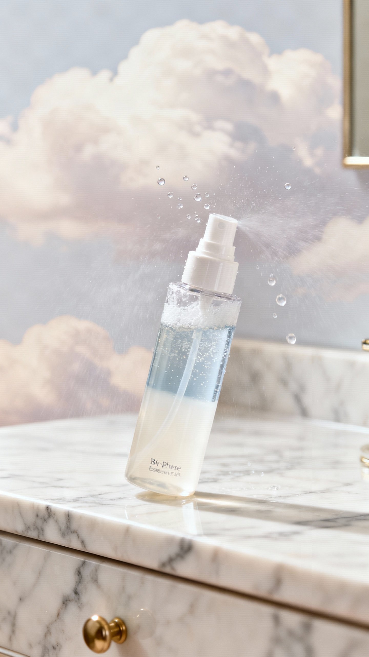 Bi-phase essence mist bottle mid-shake, pale cloud, marble vanity