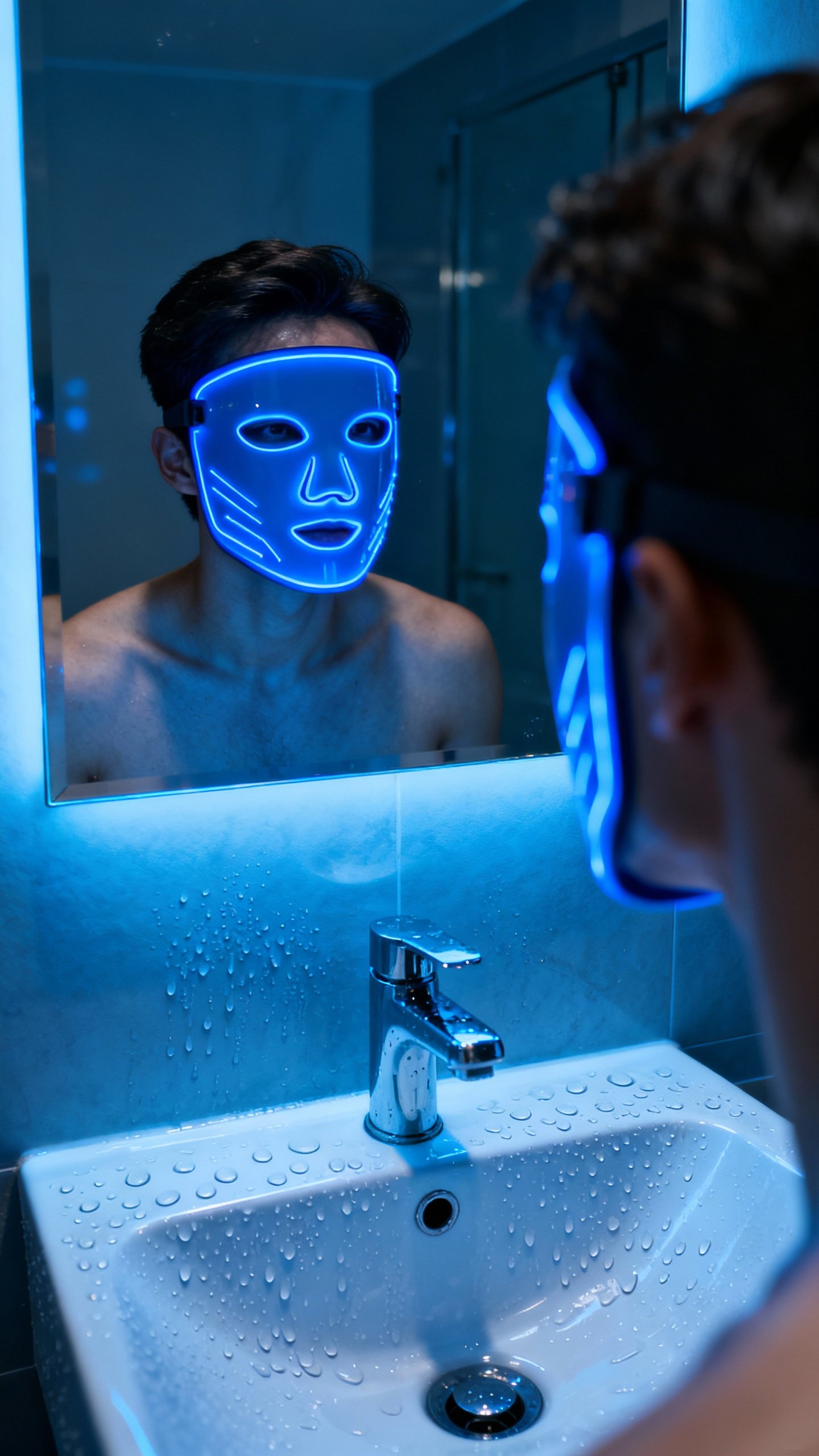 Blue LED mask over clean dry male face, bathroom mirror, water droplets on sink