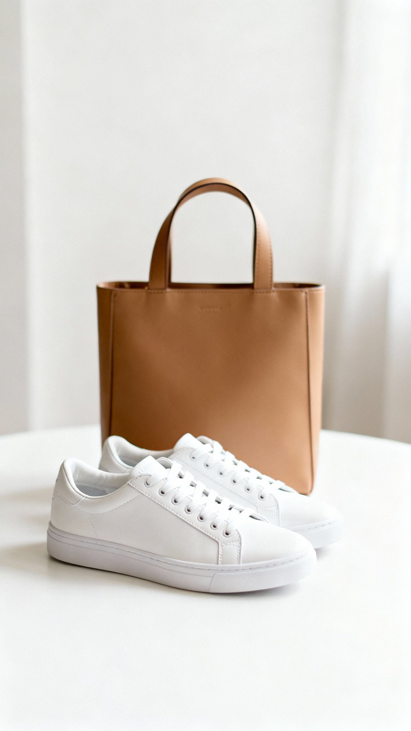 Clean white sneakers beside structured tan top-handle bag