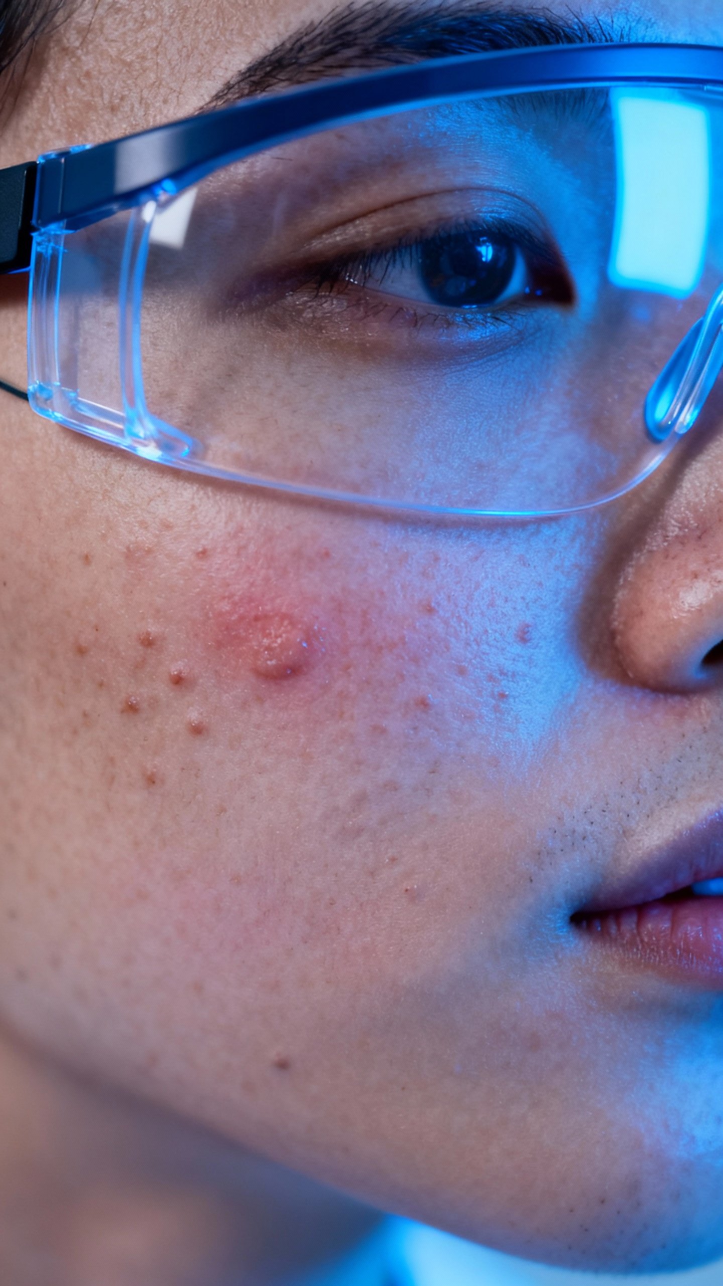 Closeup acneic cheek illuminated by blue LEDs, goggles on