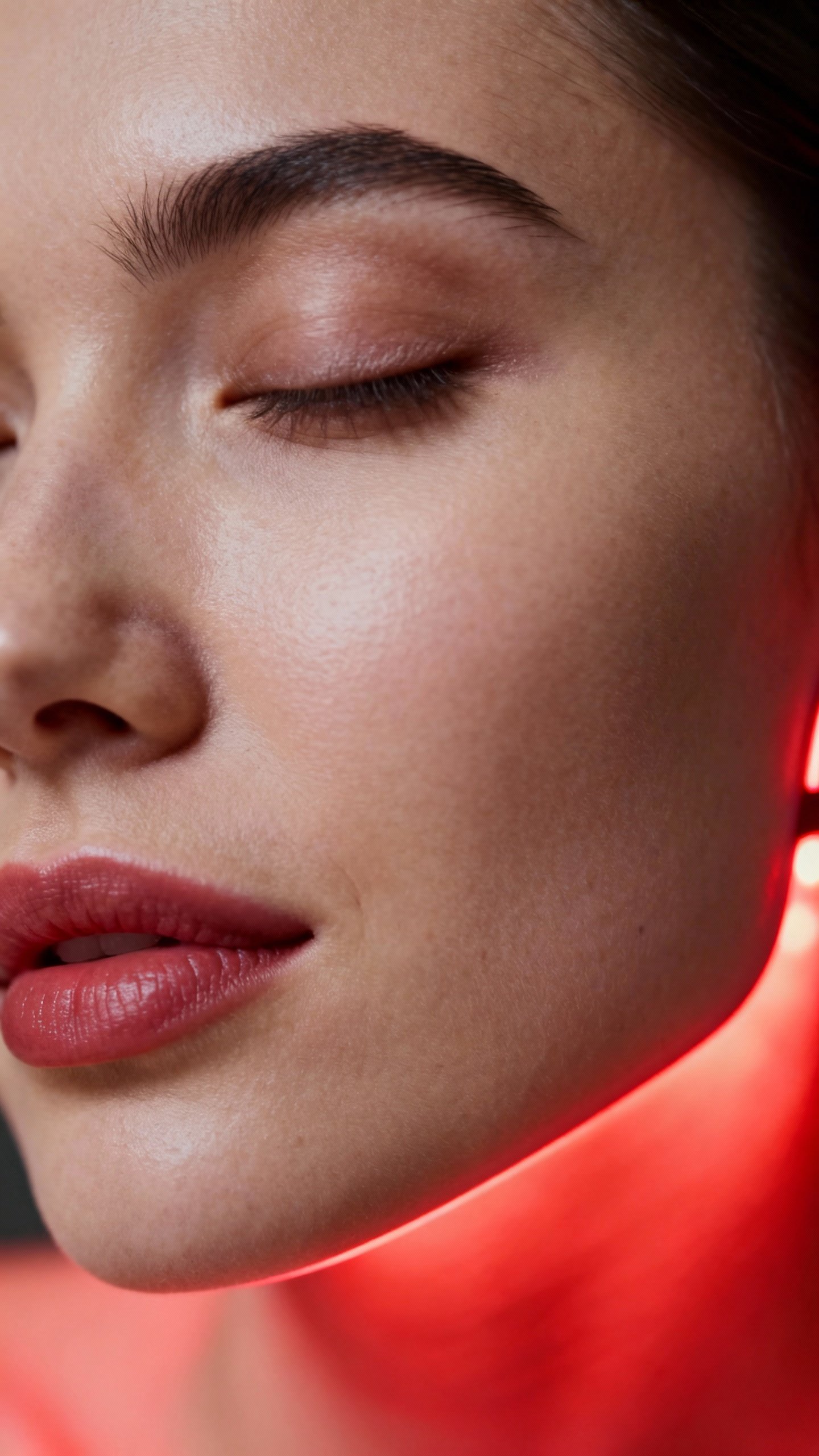 Closeup clean female face under red LED mask, soft glow, eyes closed