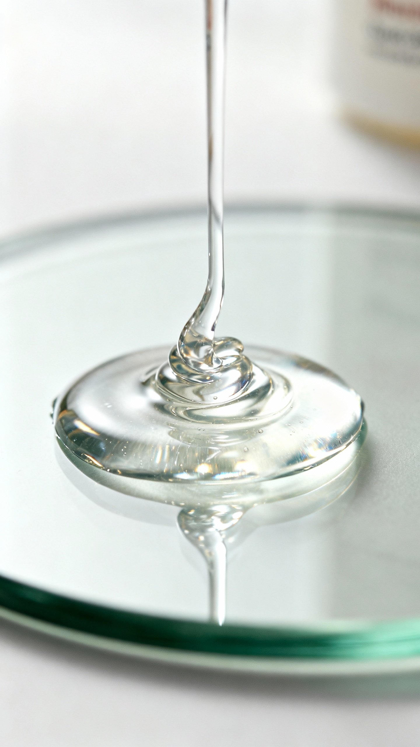 Closeup dripped Cosrx Snail 96 mucin, glossy texture on glass