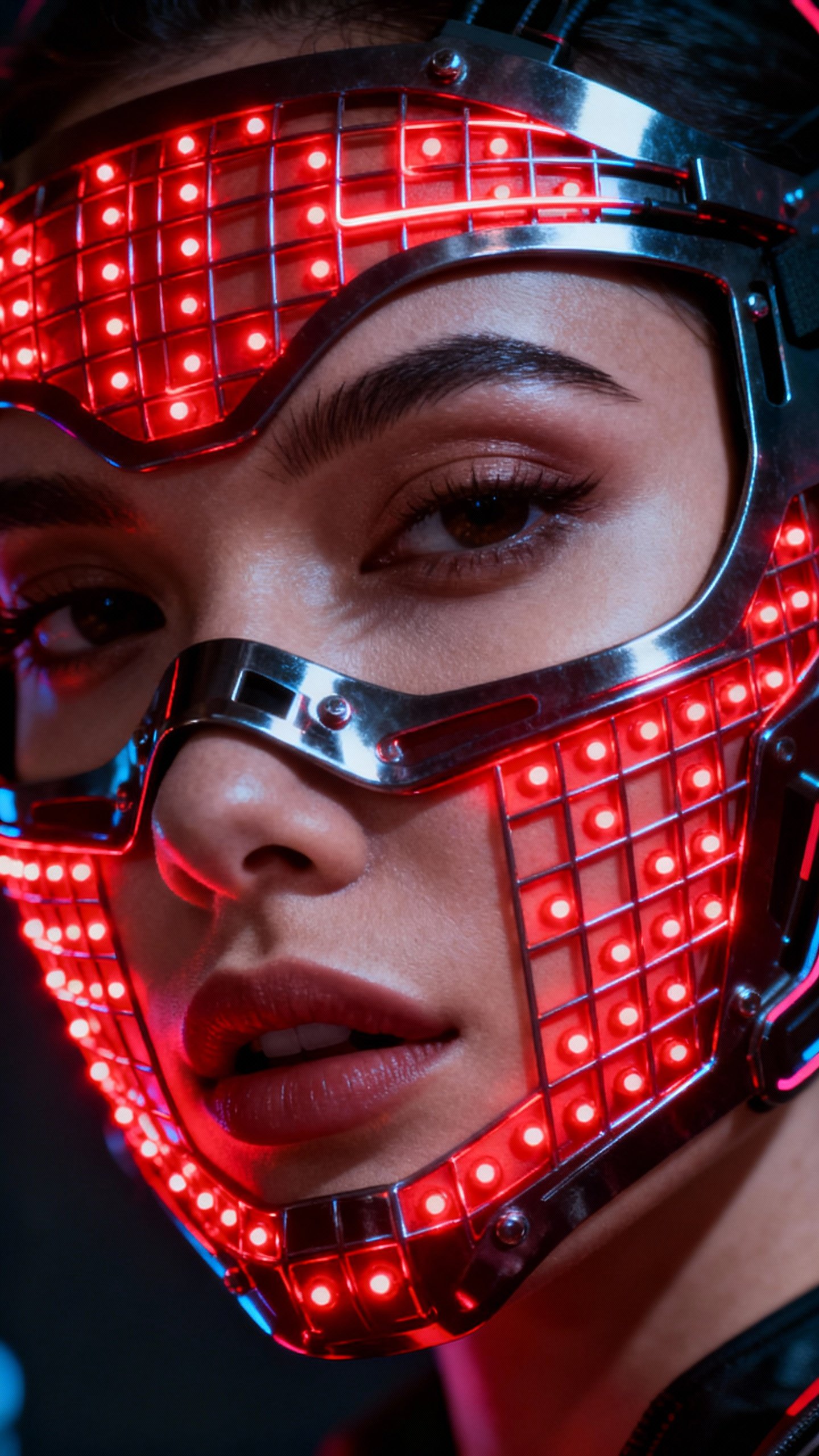 Closeup female face under red LED mask, glowing red diodes