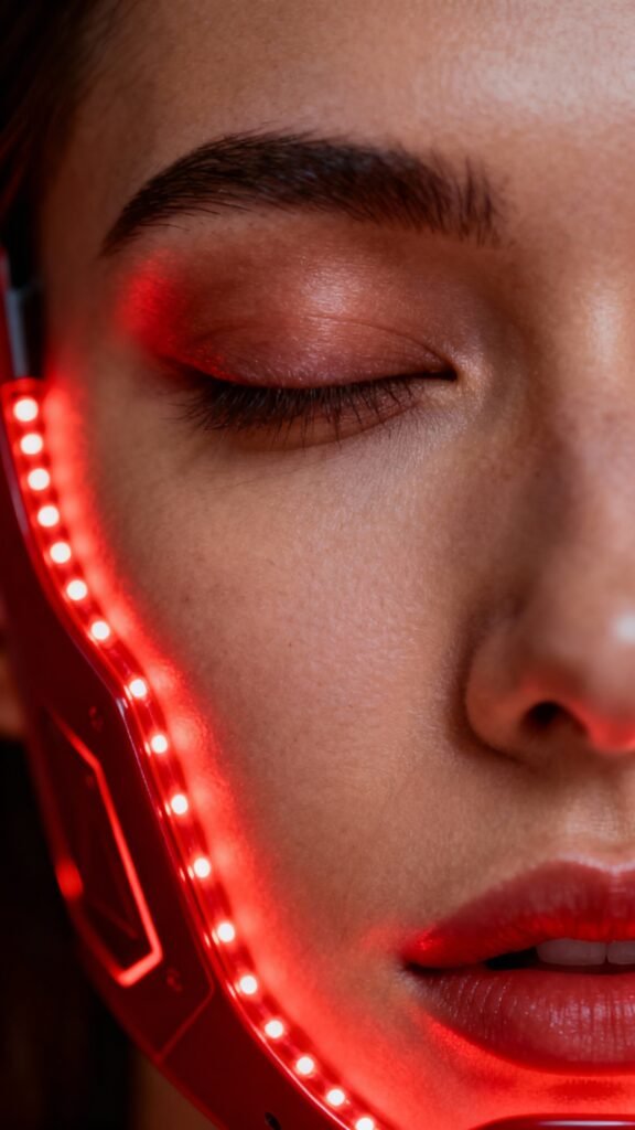 Closeup female face wearing red LED mask, eyes closed, warm red glow