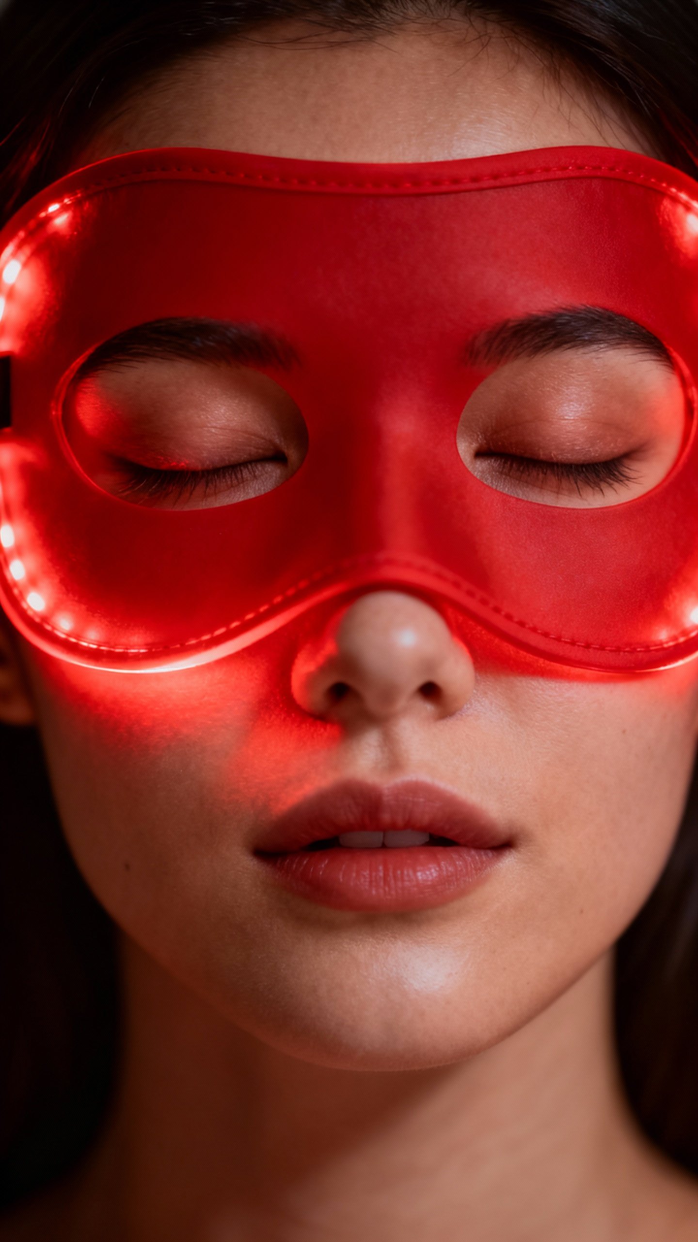 Closeup female face wearing red light mask, eyes closed, snug fit, red glow