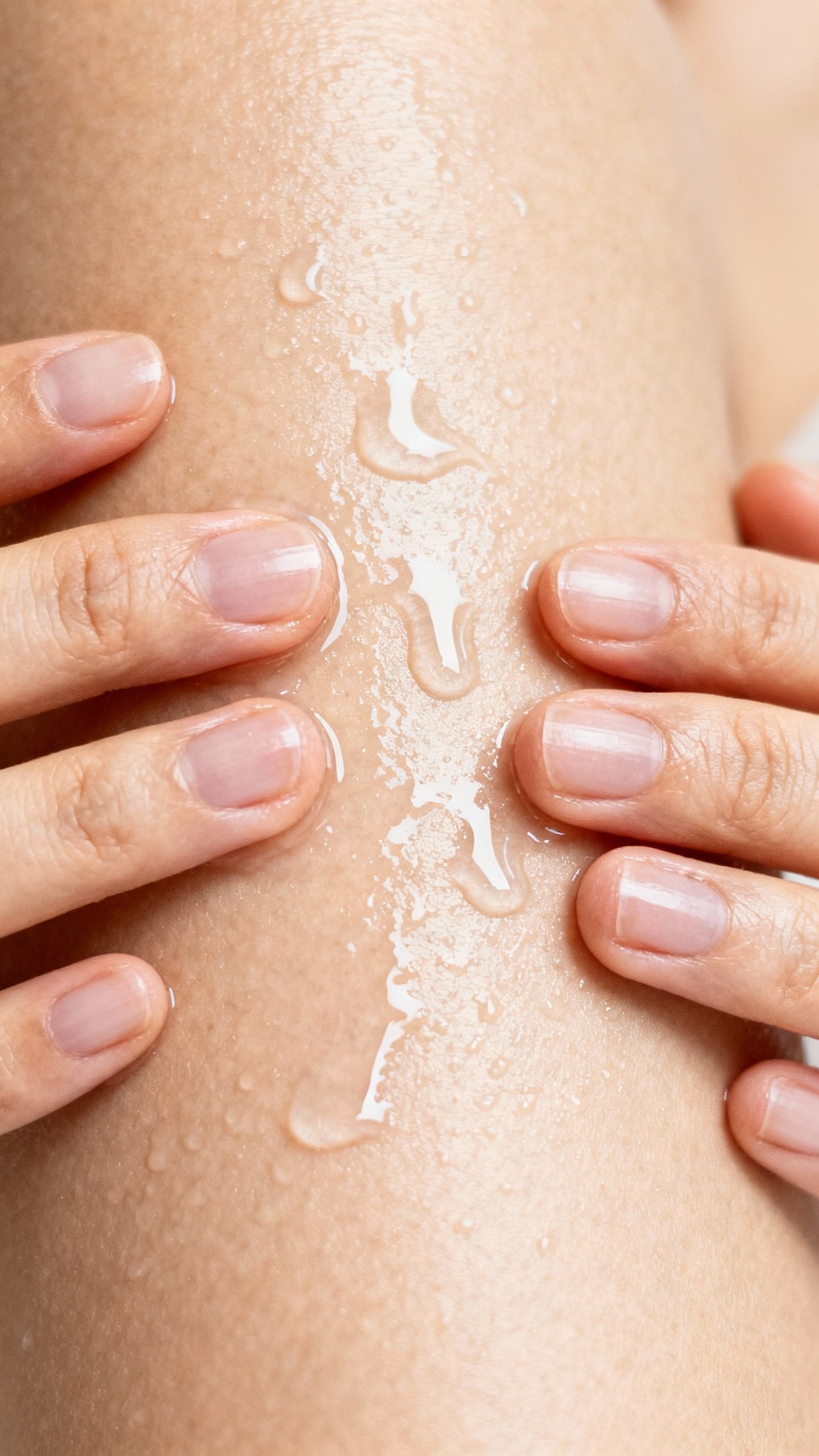 Closeup female hands patting hydrating toner onto damp skin
