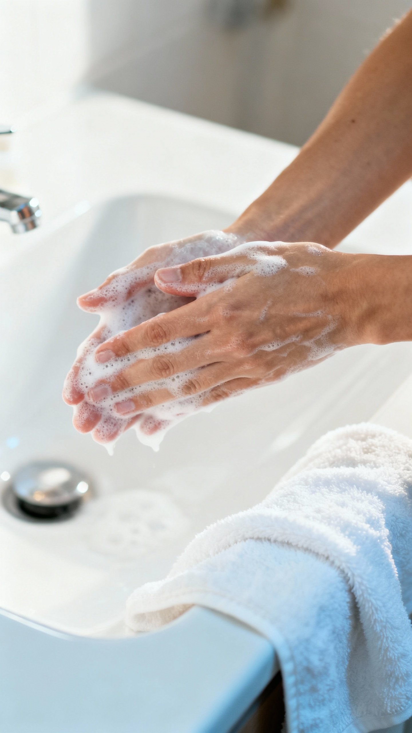 Closeup hands cleansing face with gentle foaming cleanser, white towel, bathroom sink