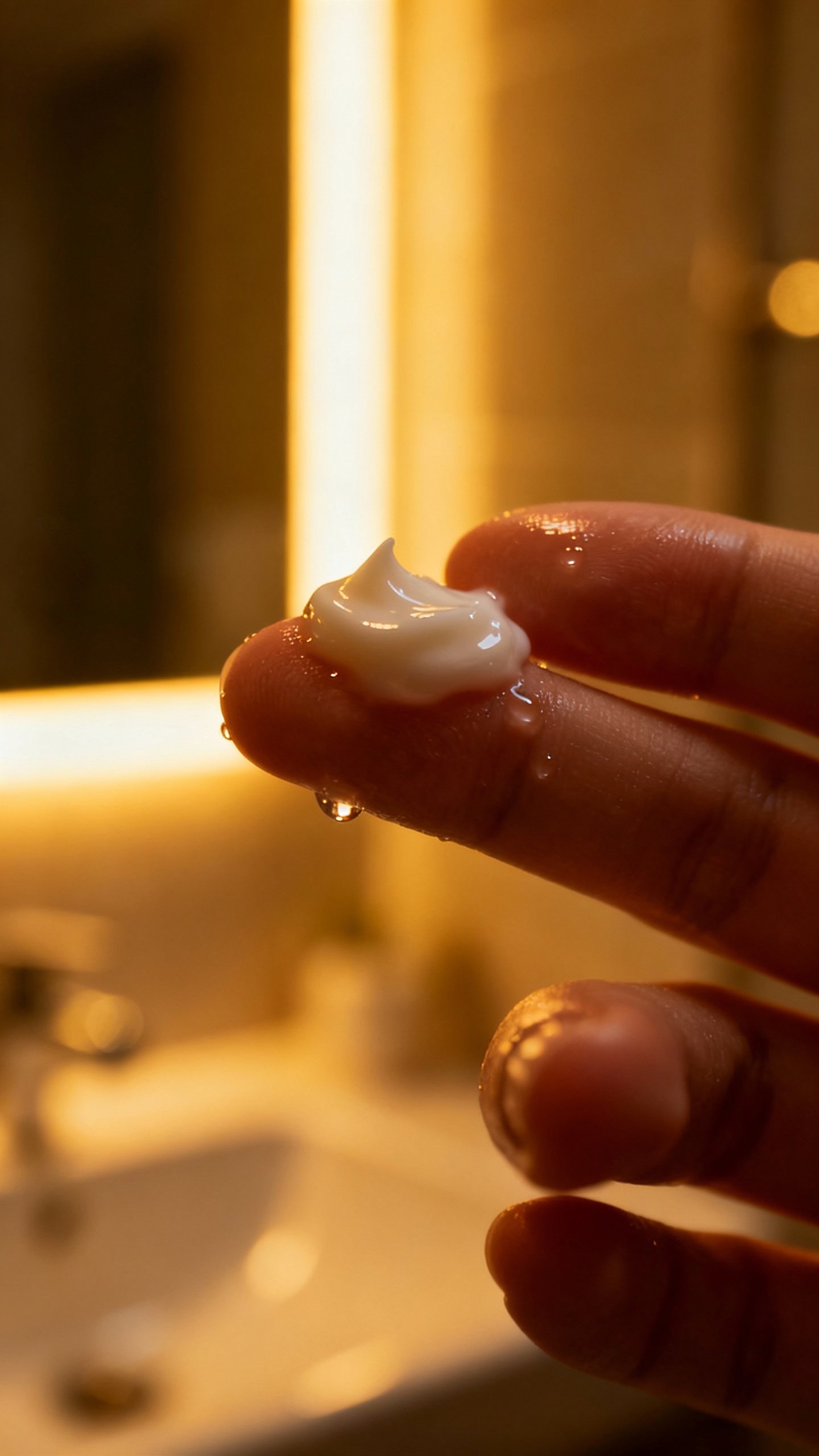 Closeup moisturizer texture on fingertips, dewy sheen, bathroom night lighting