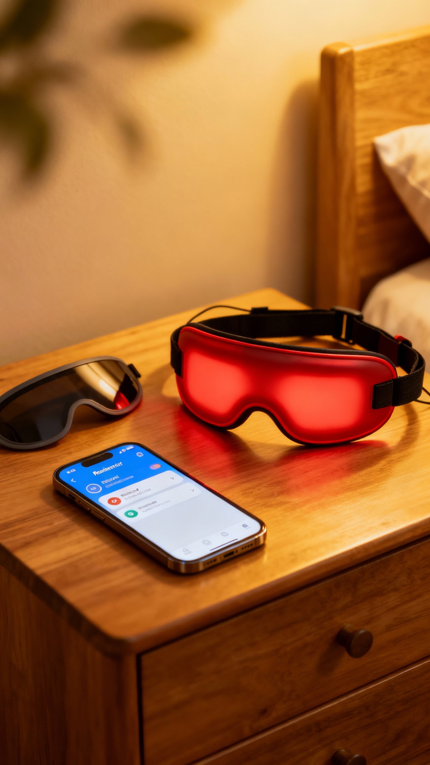 Closeup nightstand scene: smartphone reminder app, red light mask with adjustable straps, eye shield