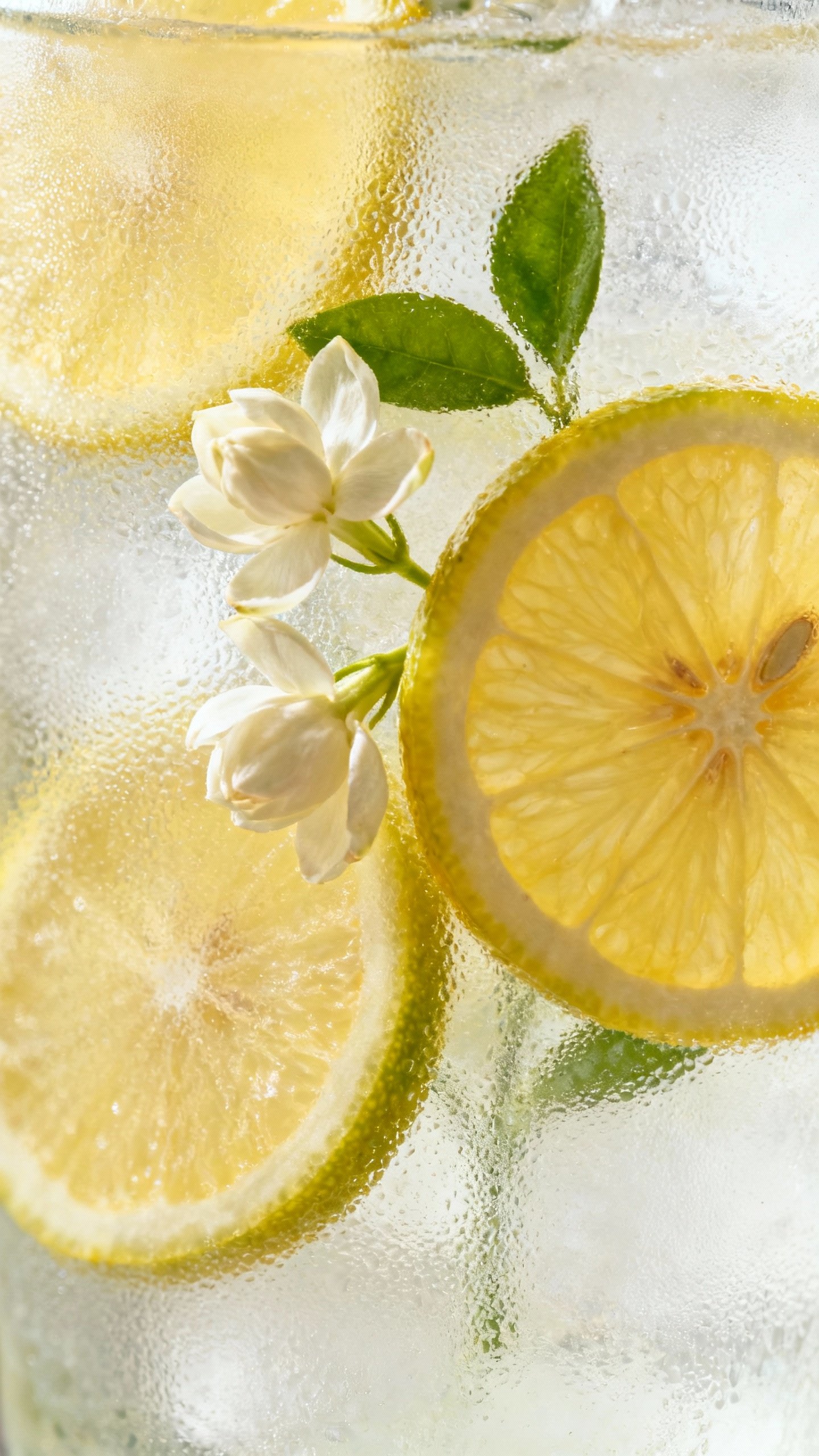 Closeup of citrus slices and jasmine on frosted glass