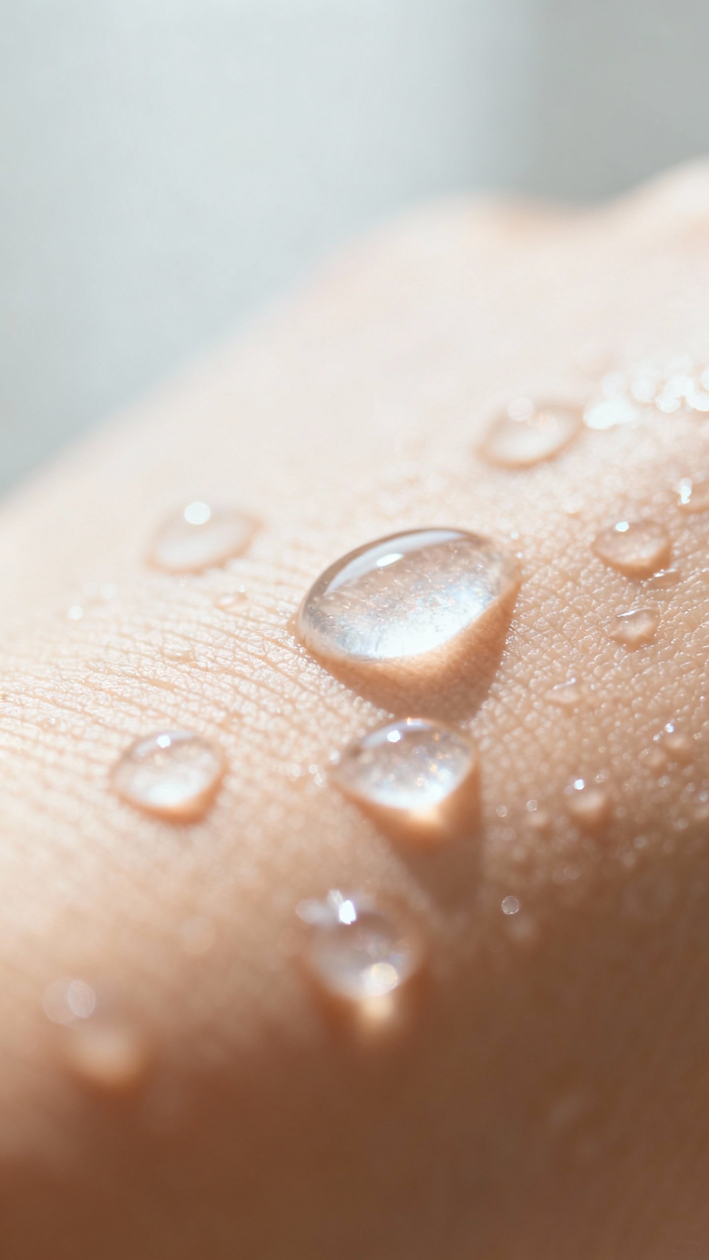 Closeup of clear hyaluronic serum droplets on damp skin