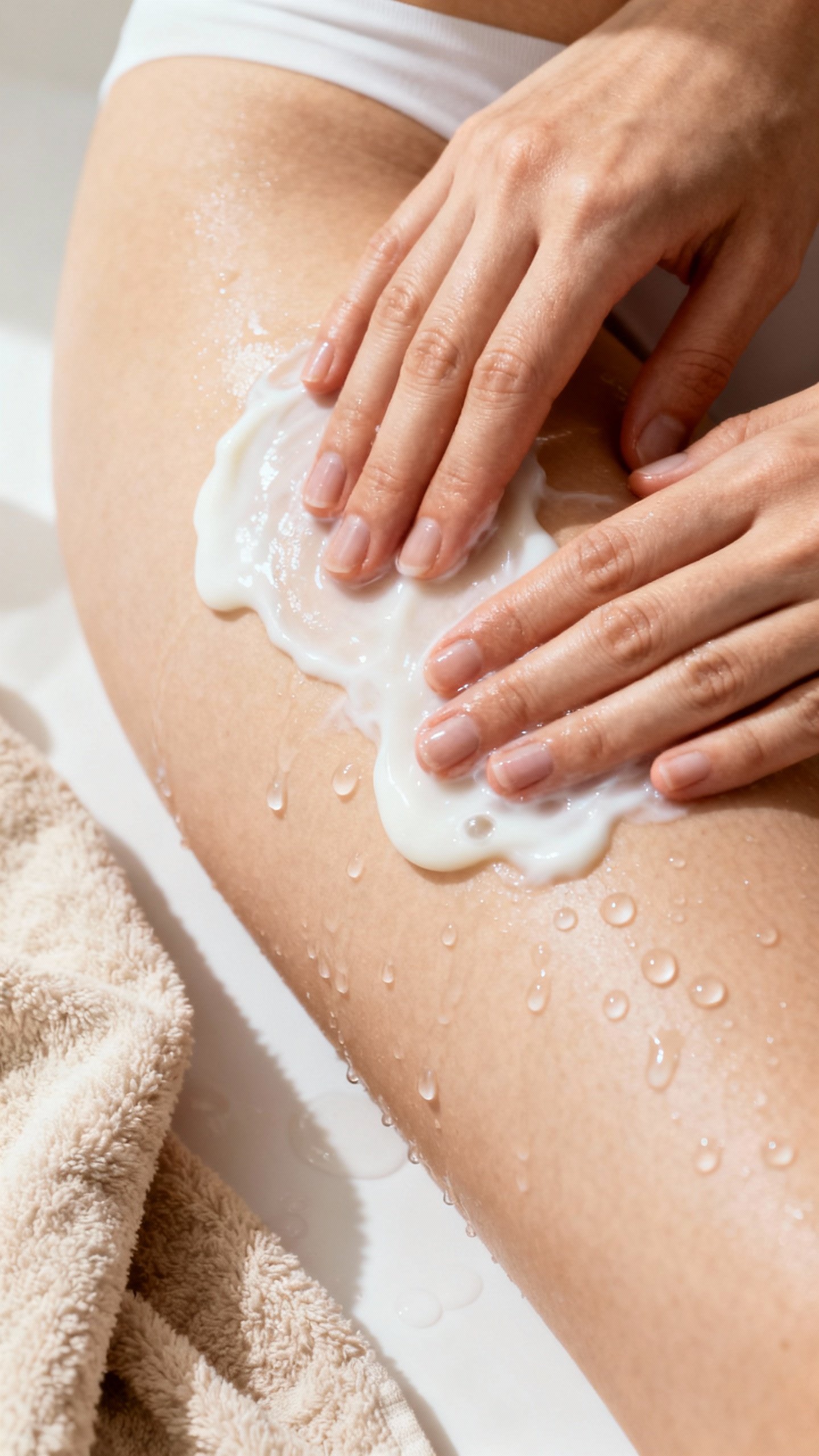 Closeup of female hands using fragrance-free creamy vulva cleanser, lukewarm shower droplets, soft b