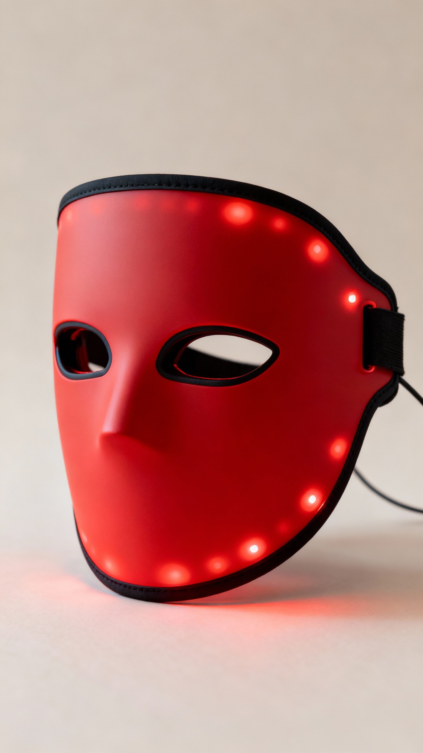 Closeup of female wearing red near-infrared LED mask, snug fit, eye shields