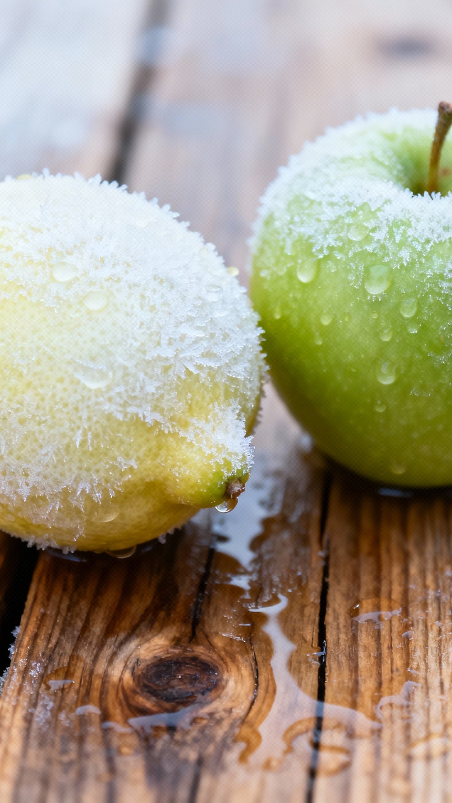 Closeup of frosty lemon and green apple on wet cedar