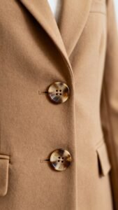 Closeup of horn buttons on camel blazer, matte texture