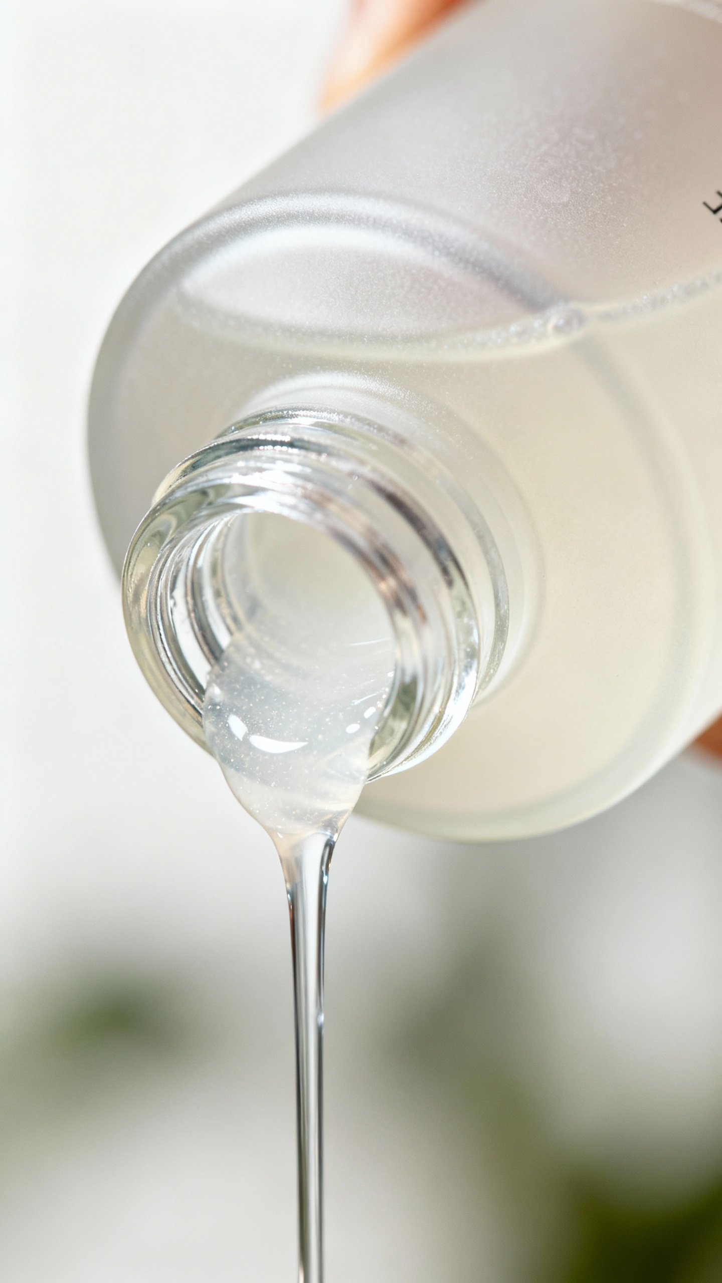 Closeup of milky toner dripping from frosted glass bottle, ceramide texture