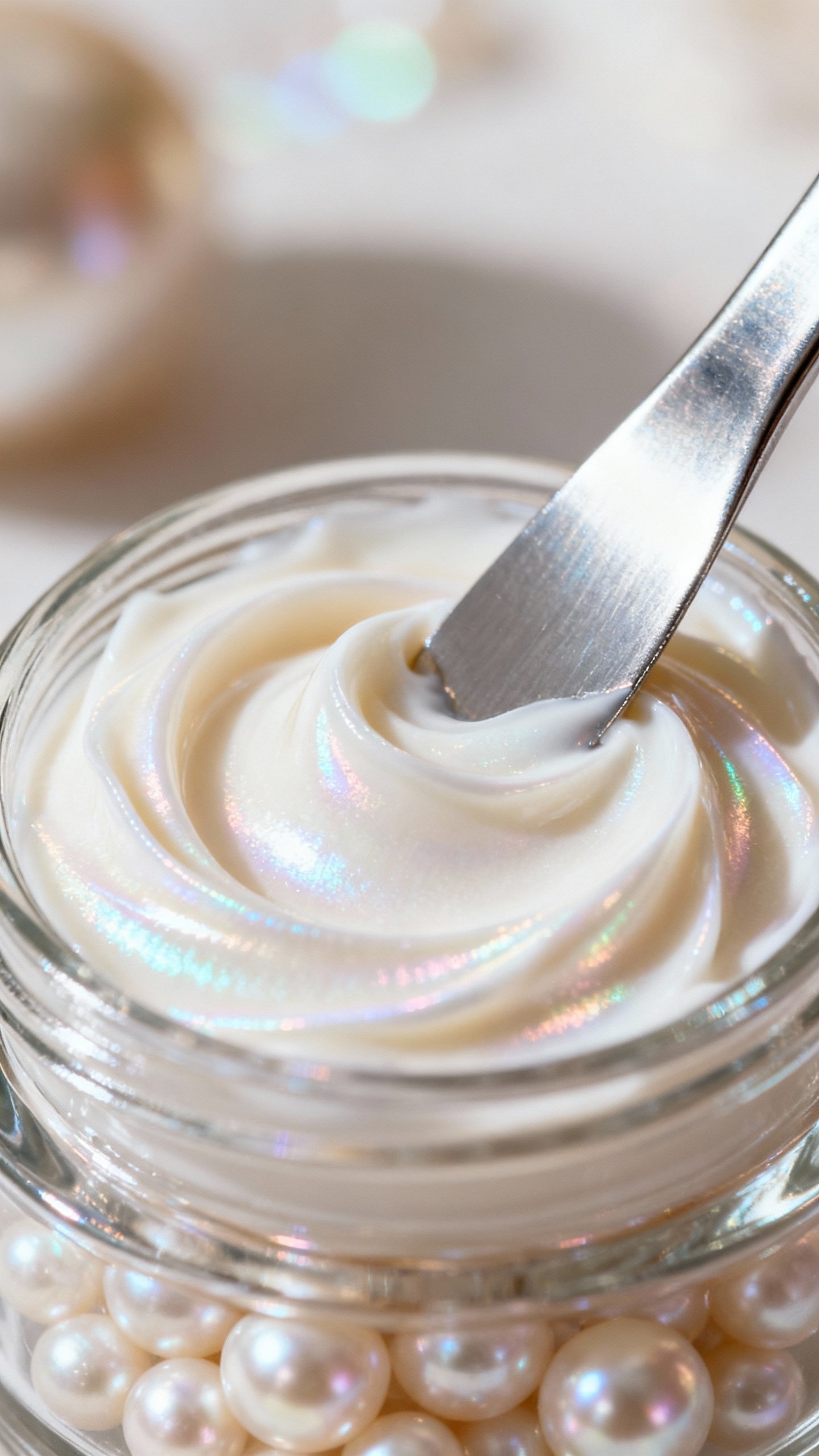 Closeup of pearl-infused moisturizer swirled in jar, iridescent sheen, creamy texture, silver spatul