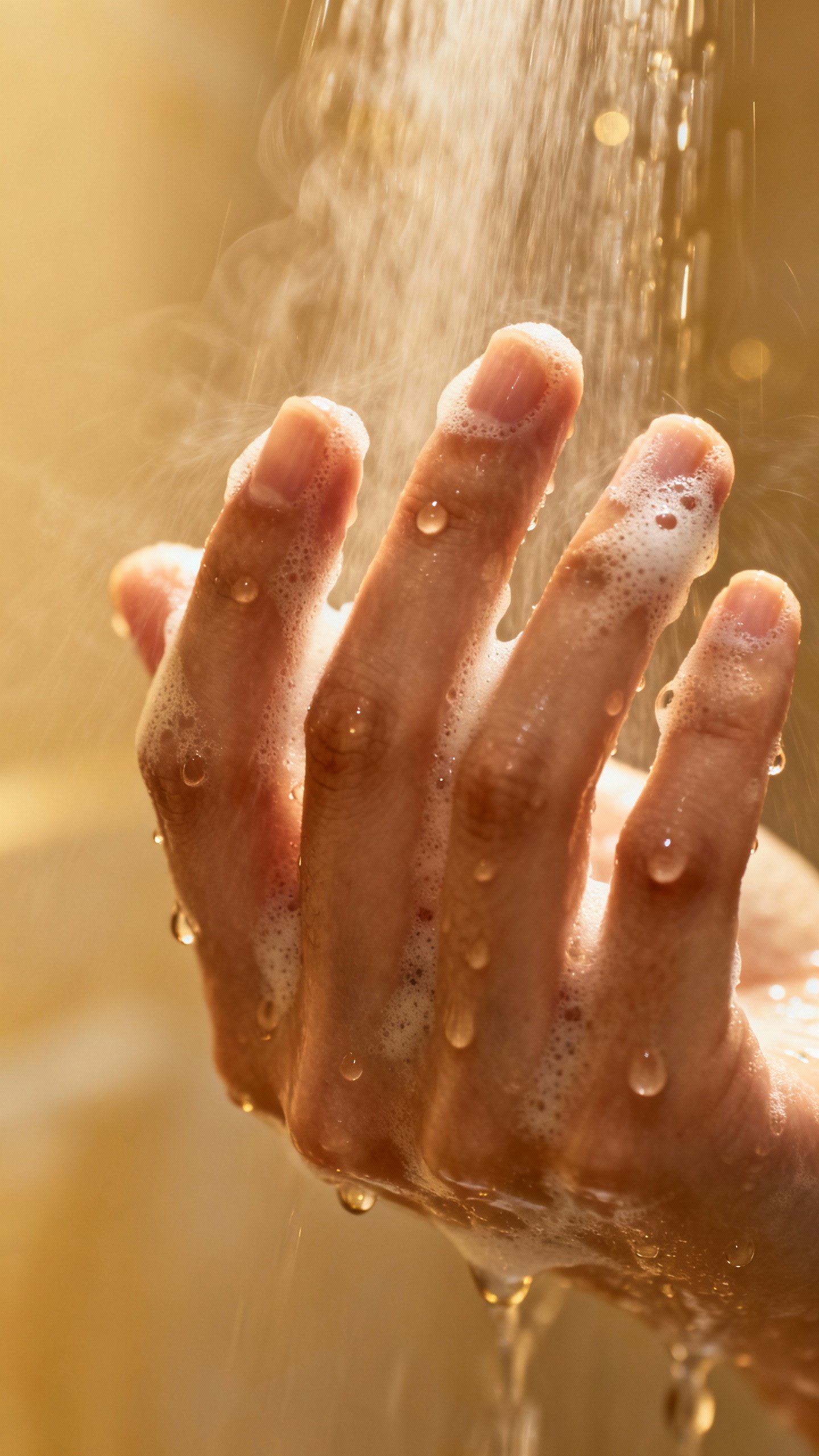 Closeup of pH-balanced wash on fingertips, warm shower steam