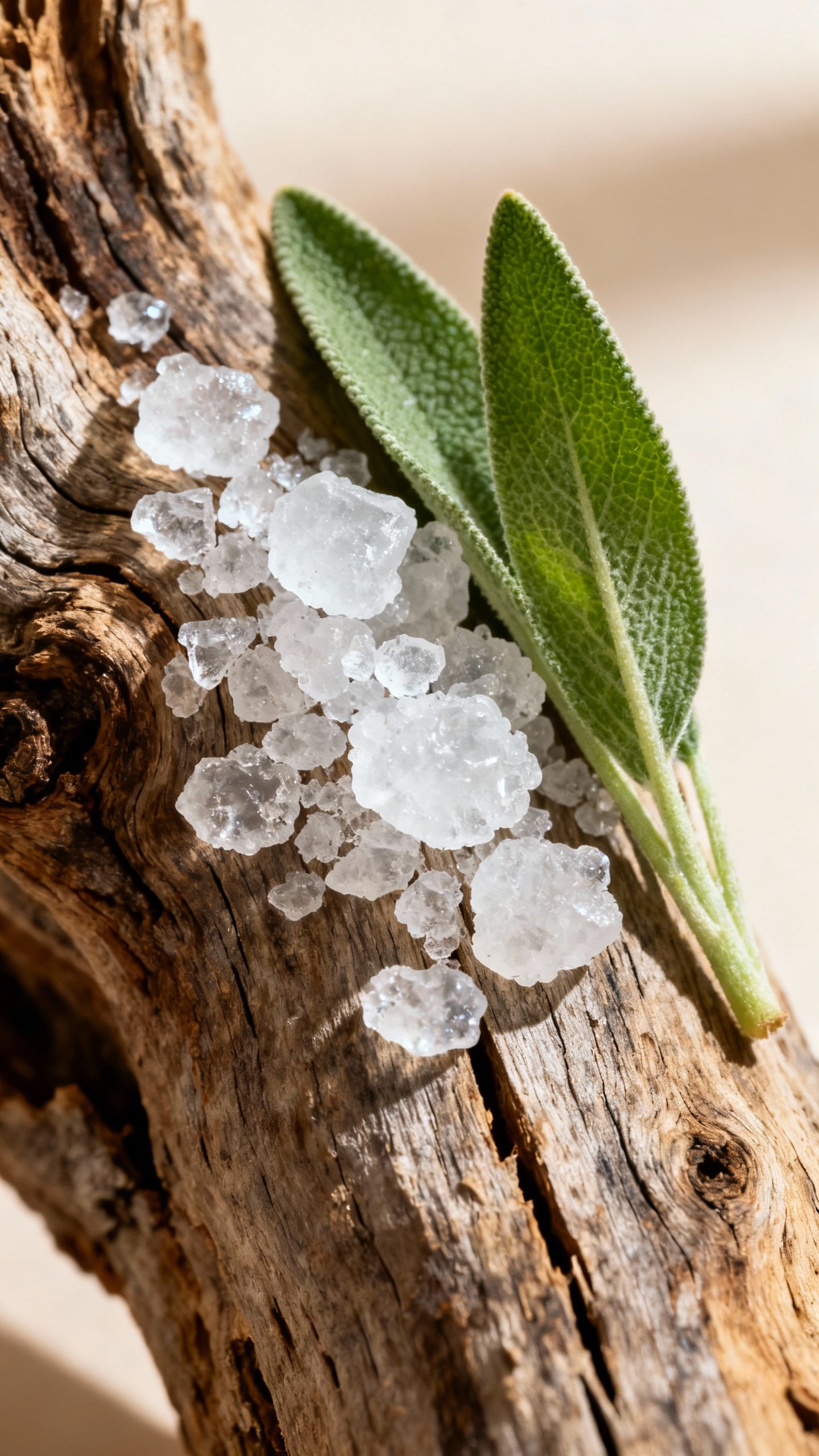 Closeup of sea salt crystals on driftwood with fresh sage leaves