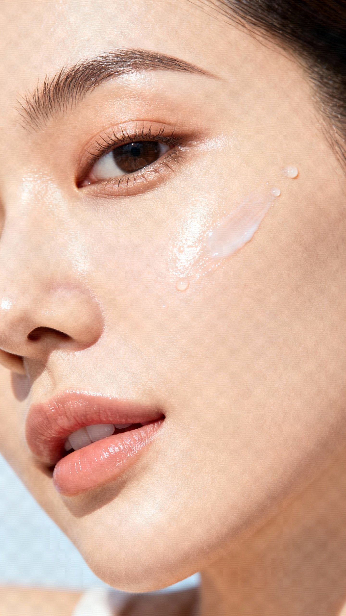 Closeup of sunscreen being dotted along cheekbone, dewy finish, no white cast