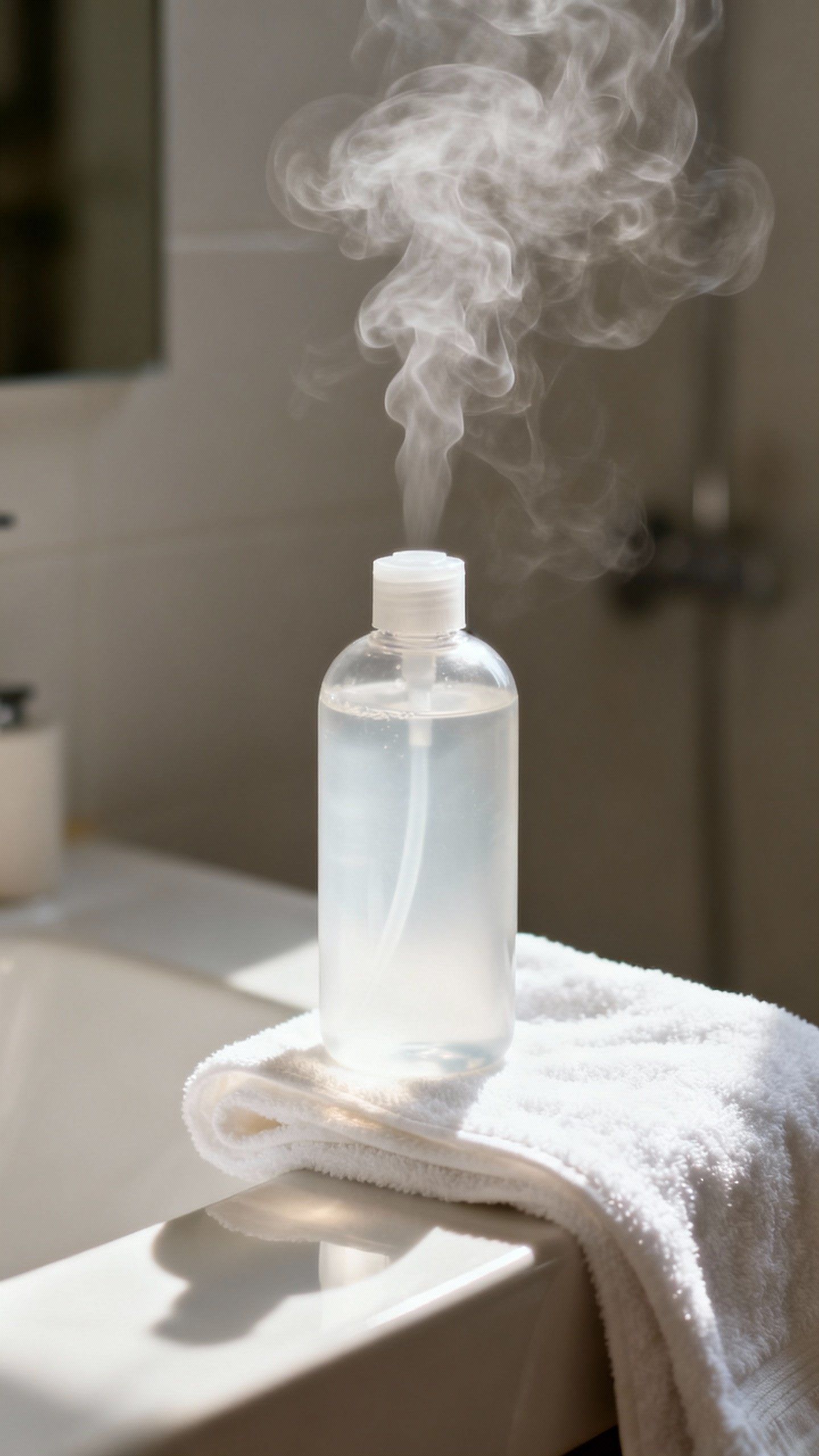 Closeup of unscented cleanser bottle and white towel, bathroom sink, soft steam