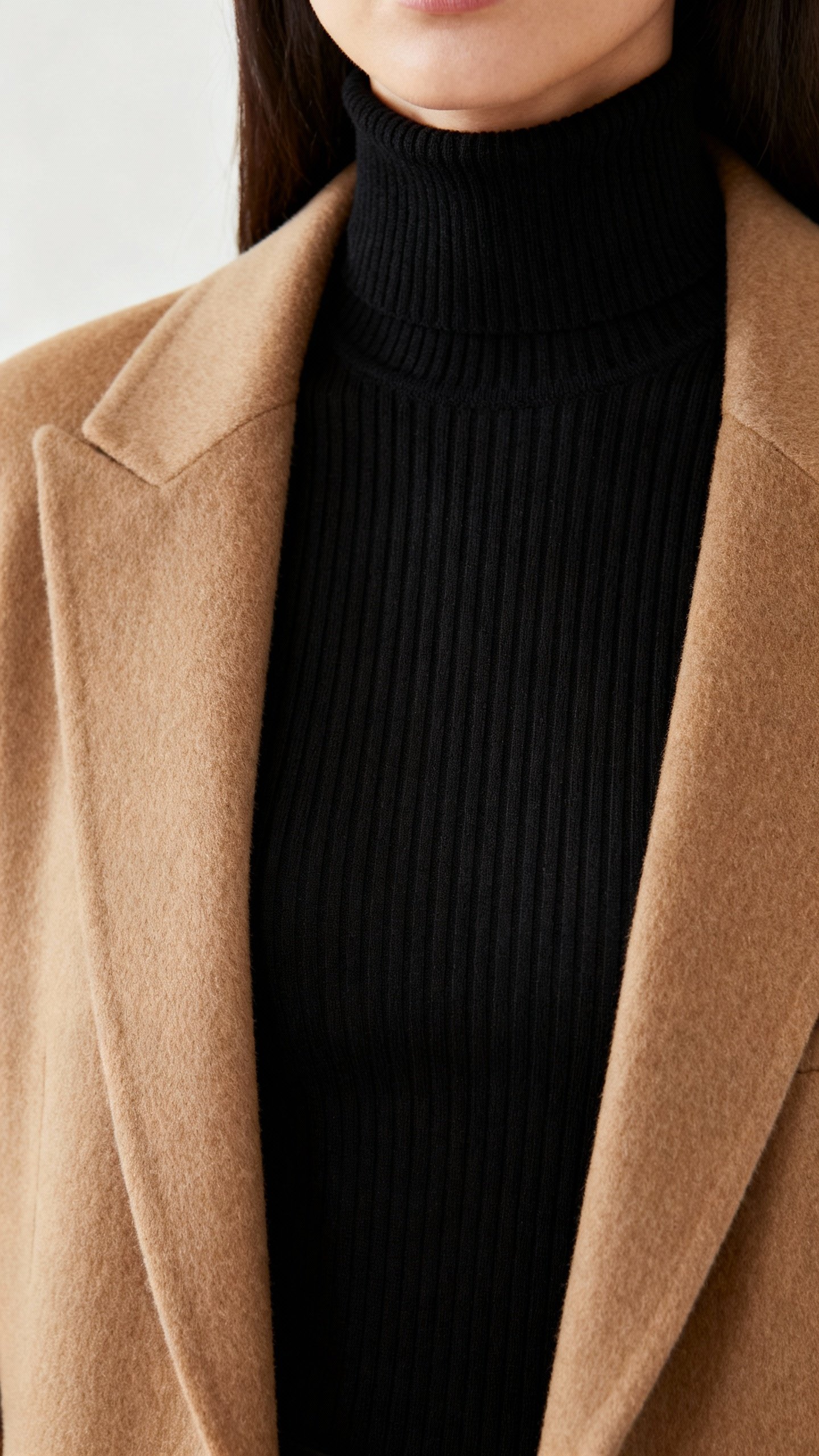 Closeup ribbed black fitted turtleneck under camel wool blazer