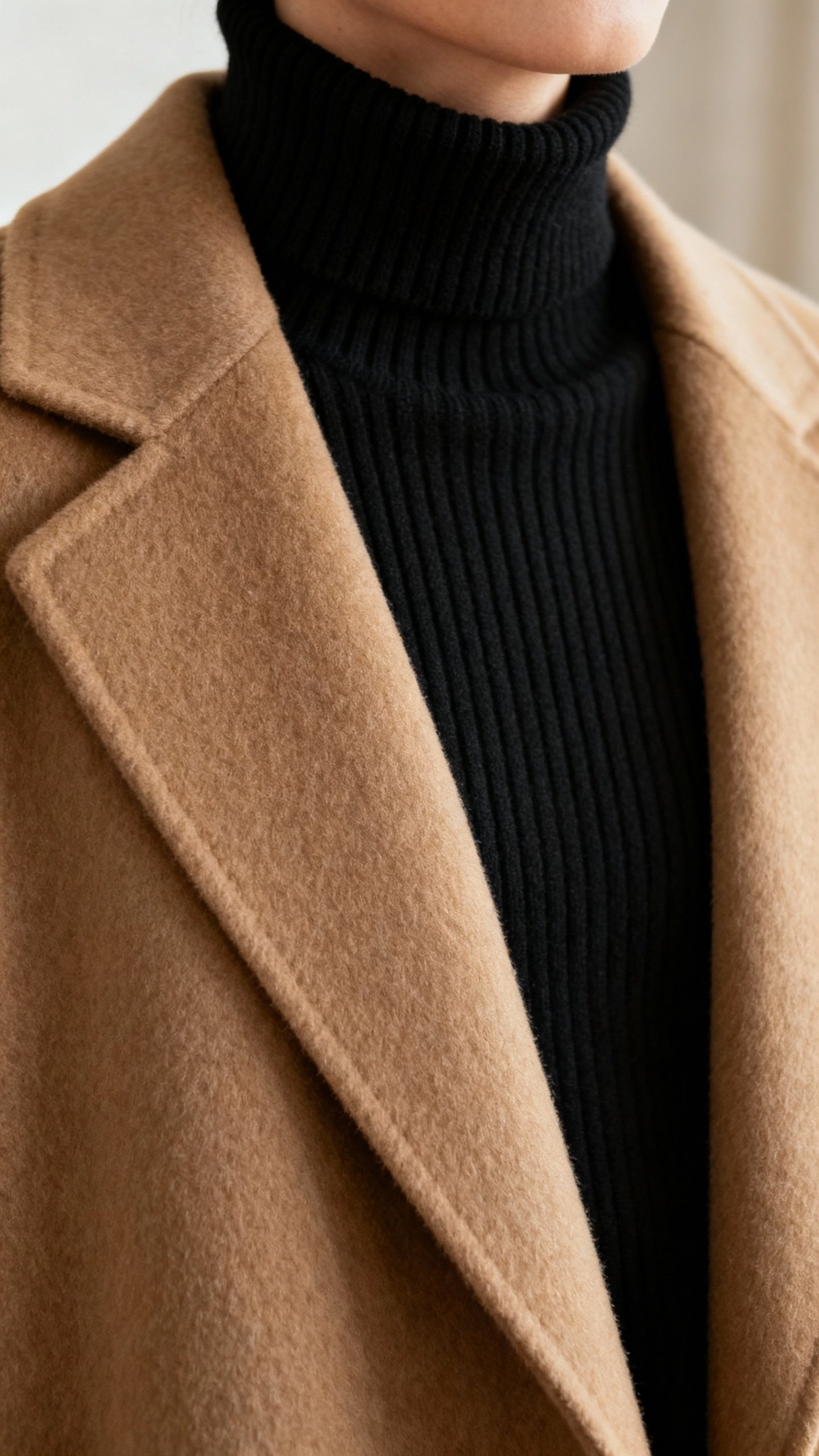 Closeup ribbed black turtleneck under camel wool coat