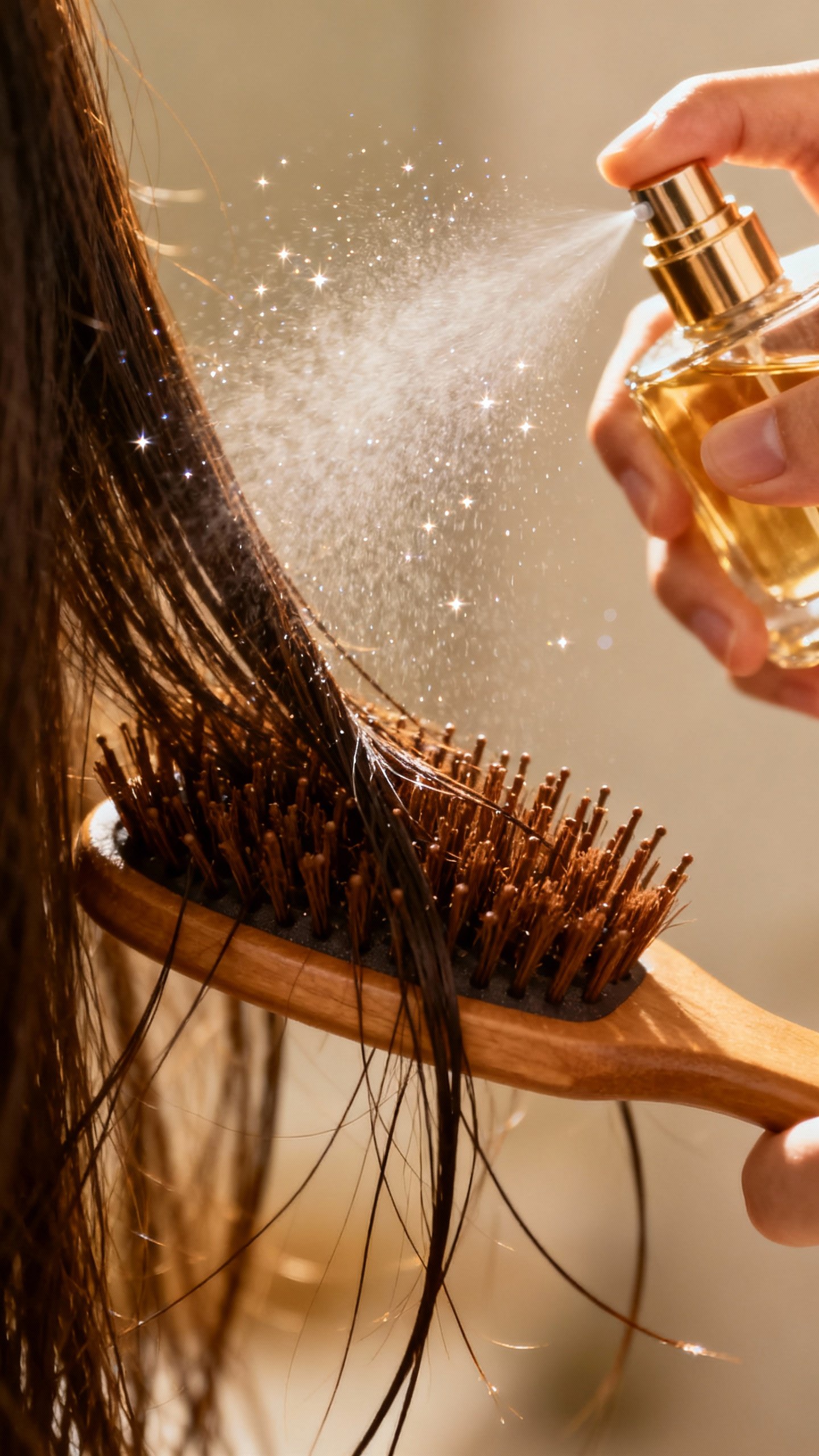 Closeup spraying perfume on hairbrush, brunette hair strands, soft light