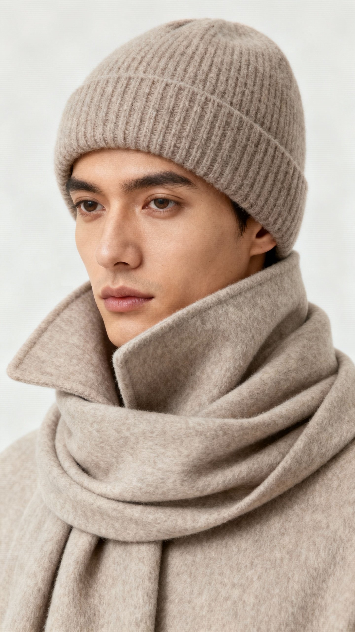 Closeup structured beanie and oversized wool scarf faux-collar tuck