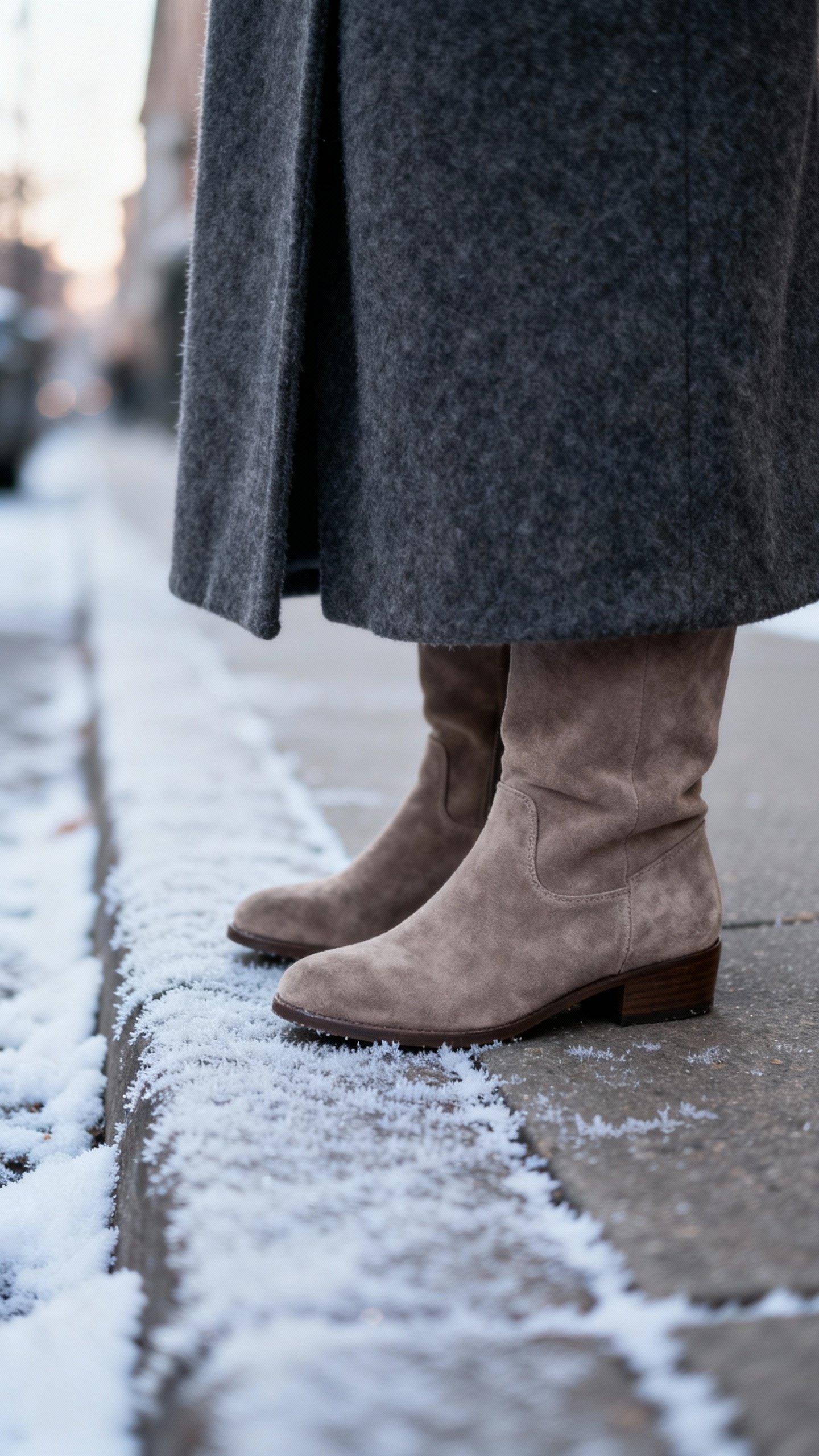 Closeup taupe suede boots on snowy sidewalk, charcoal wool coat hem