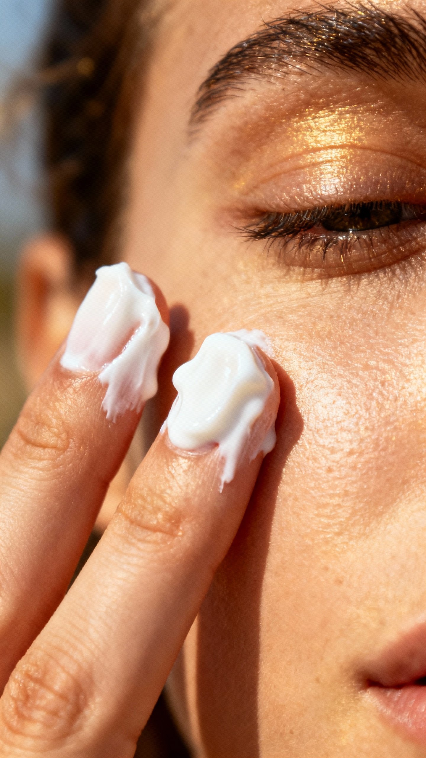 Closeup two fingers loaded with sunscreen near face