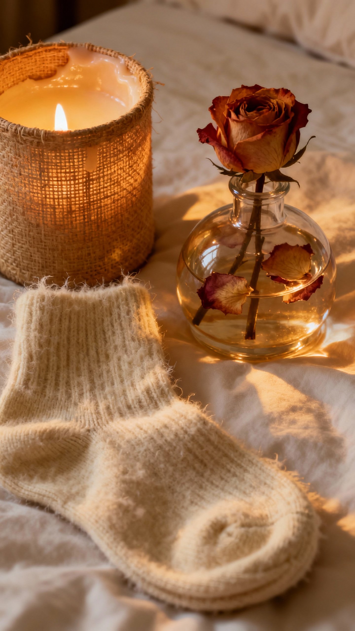 Closeup warm-lit bedside vignette: linen candle, rose diffuser, cashmere socks
