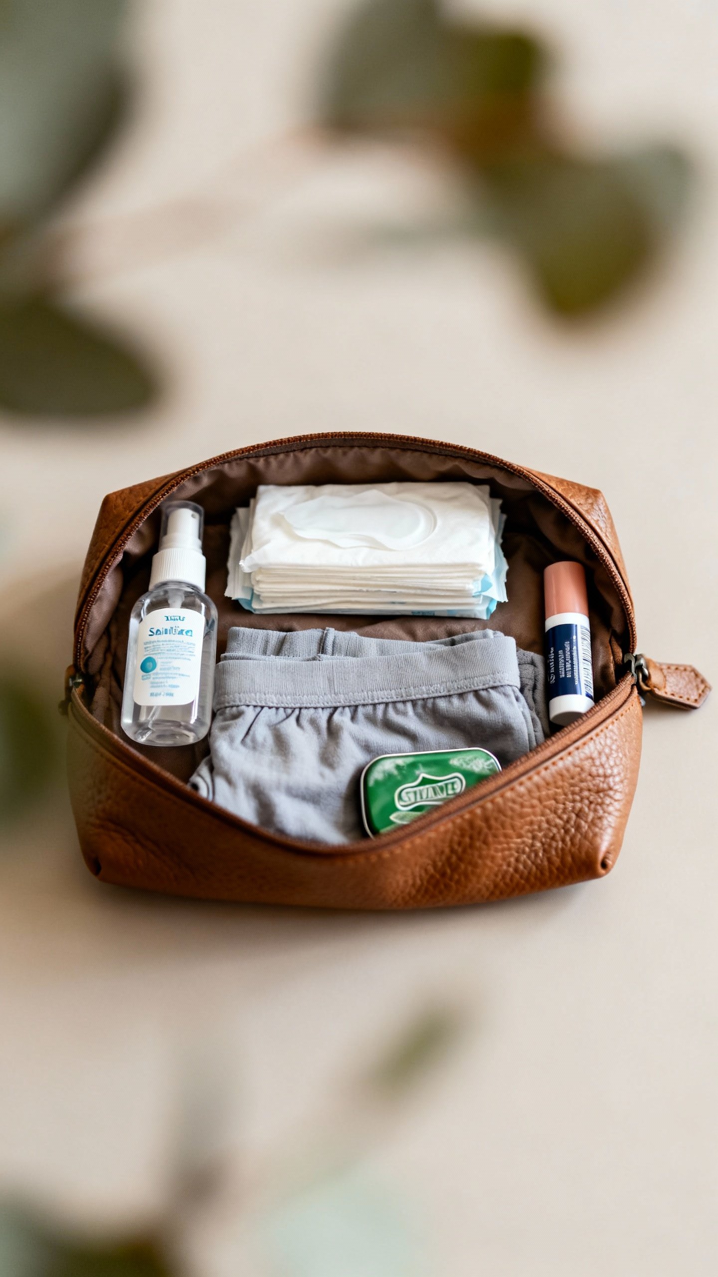 Compact hygiene kit open in leather pouch: mini sanitizer, wipes, spare underwear, lip balm, mint ti
