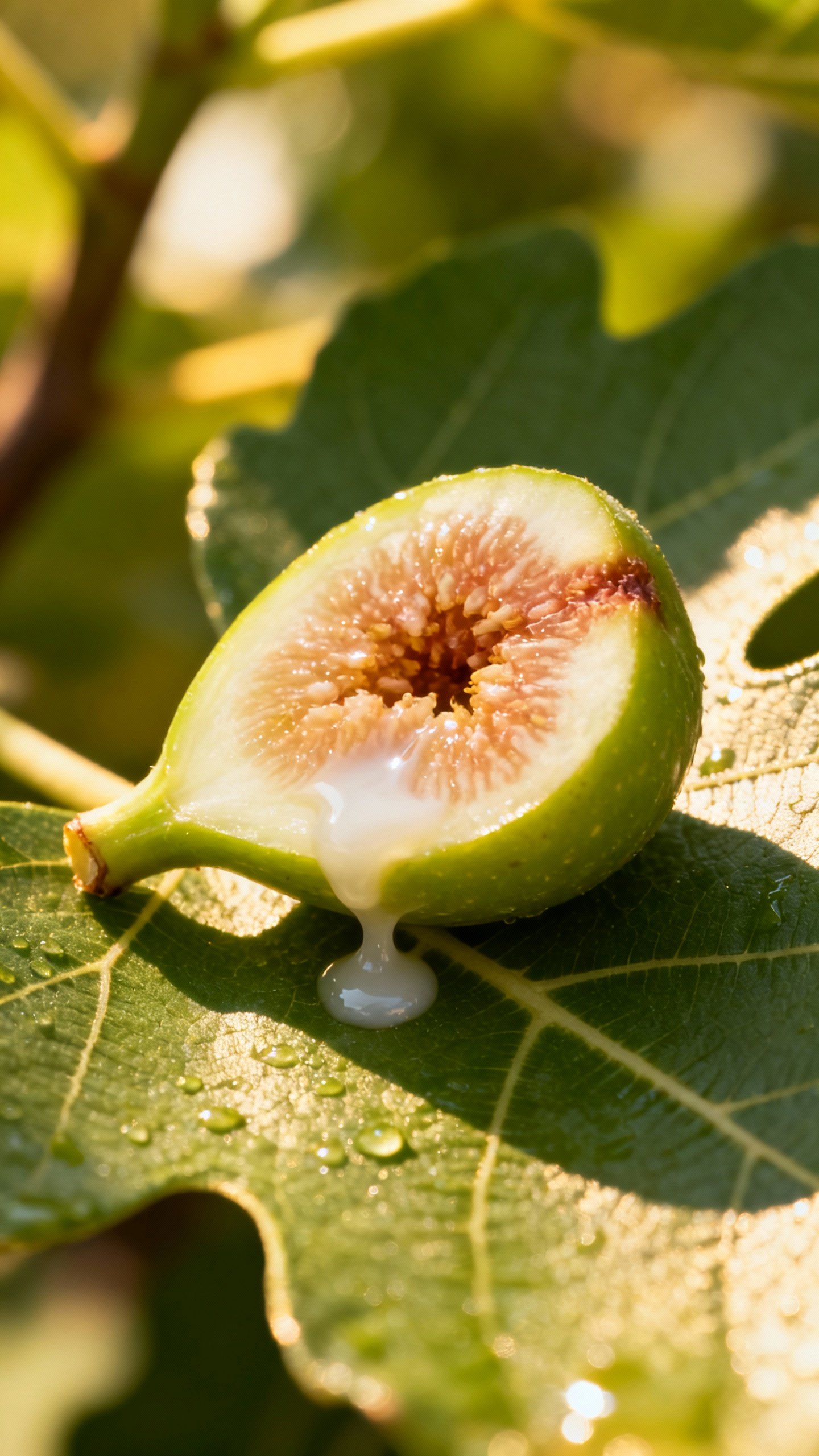 Cut green fig with milky sap on sunlit leaves, macro shot
