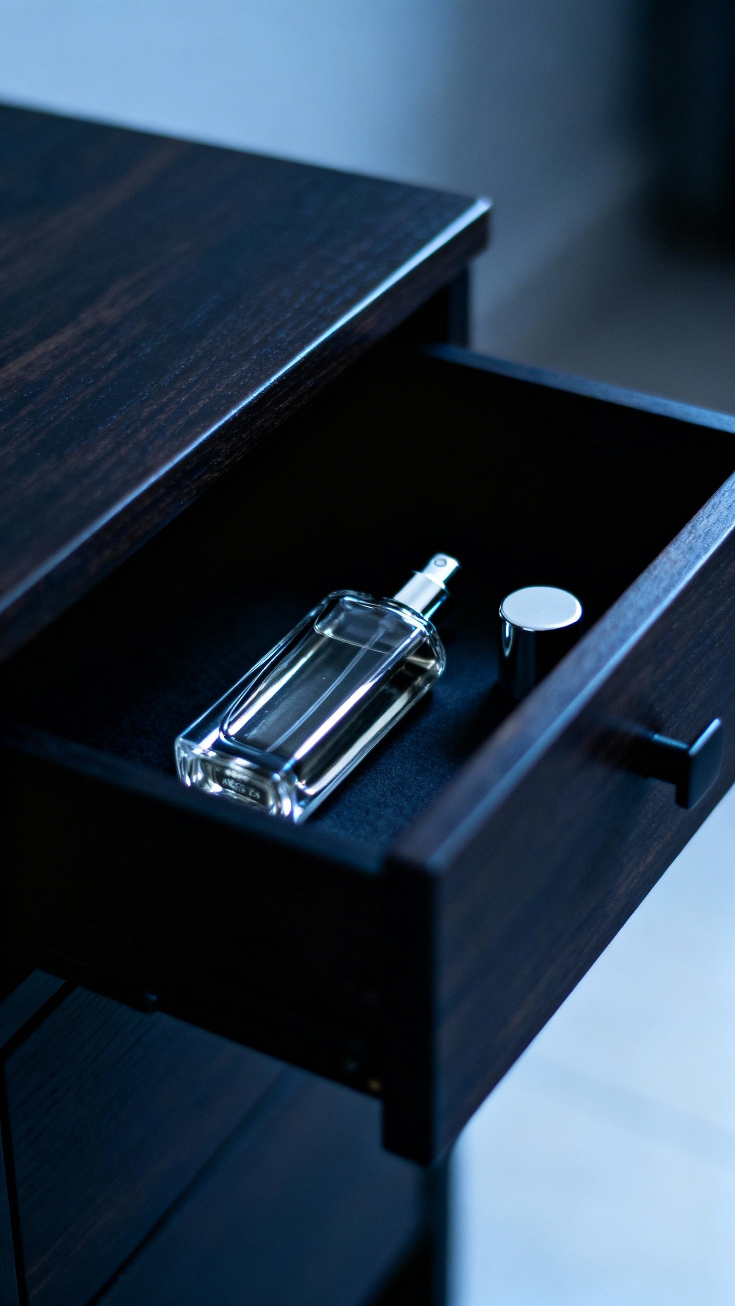 Eau de parfum bottle and atomizer in dark drawer, cool light