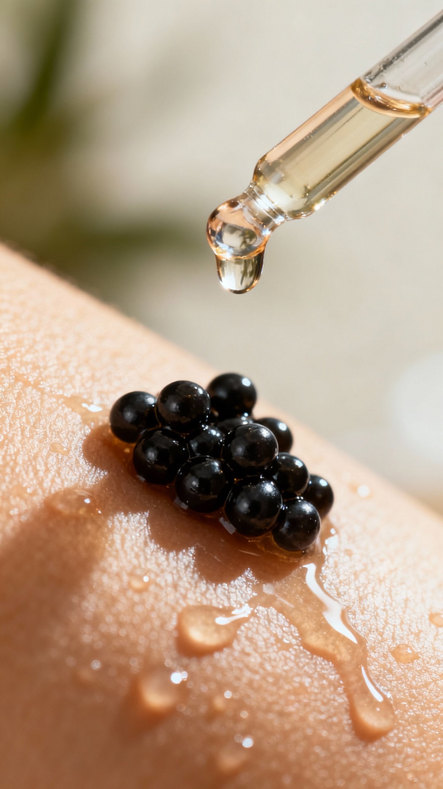 Extreme closeup of caviar serum dropper over glossy skin, black pearls, dewy texture, soft warm ligh