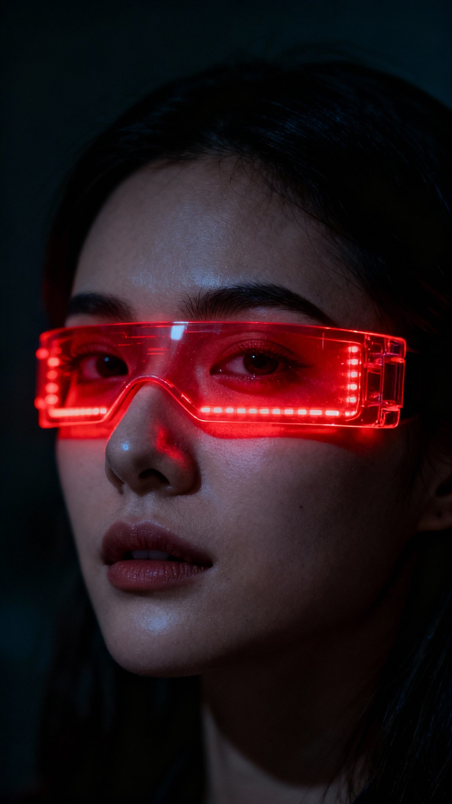 Female face wearing red-light LED mask, eyes protected, dark room